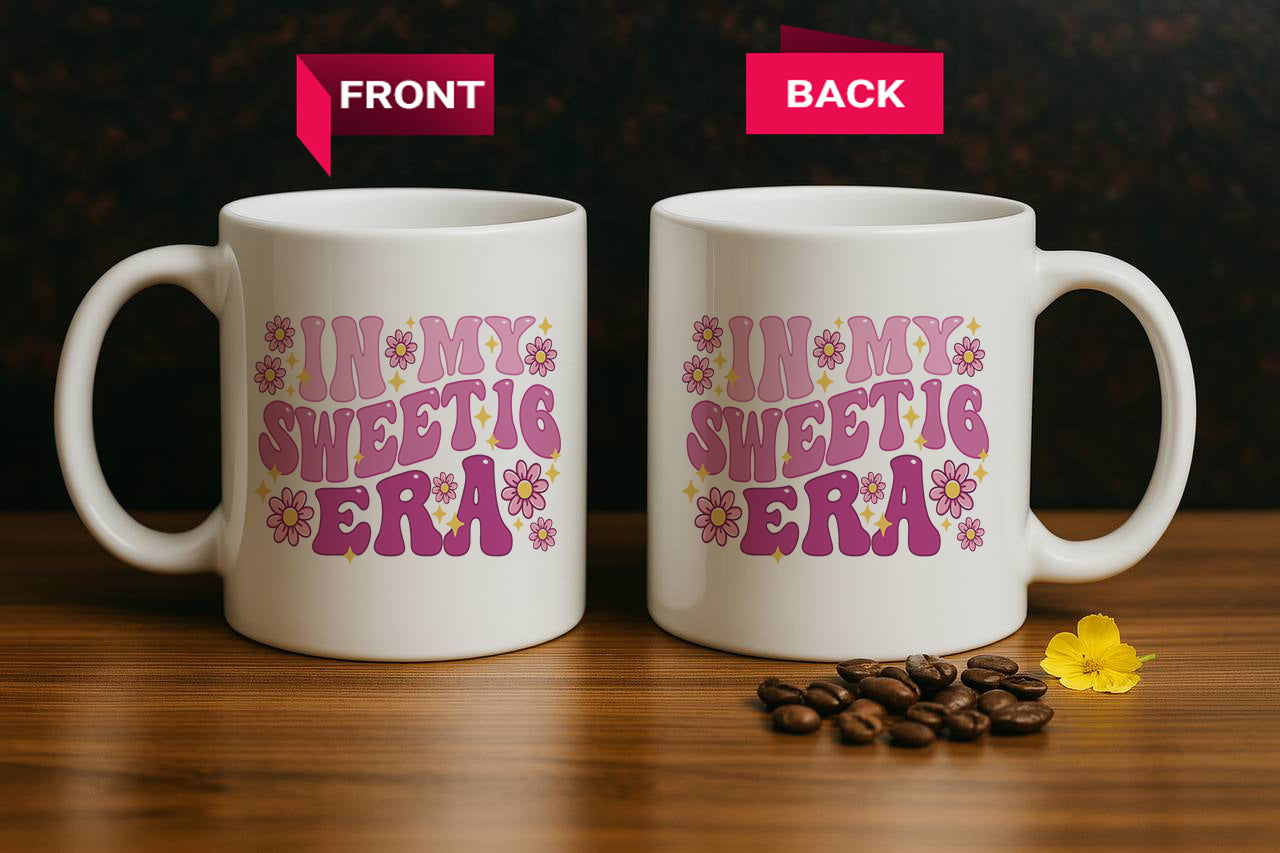 Floral Sweet 16 Celebration Mug, Girls' Pottery Cup for Birthday