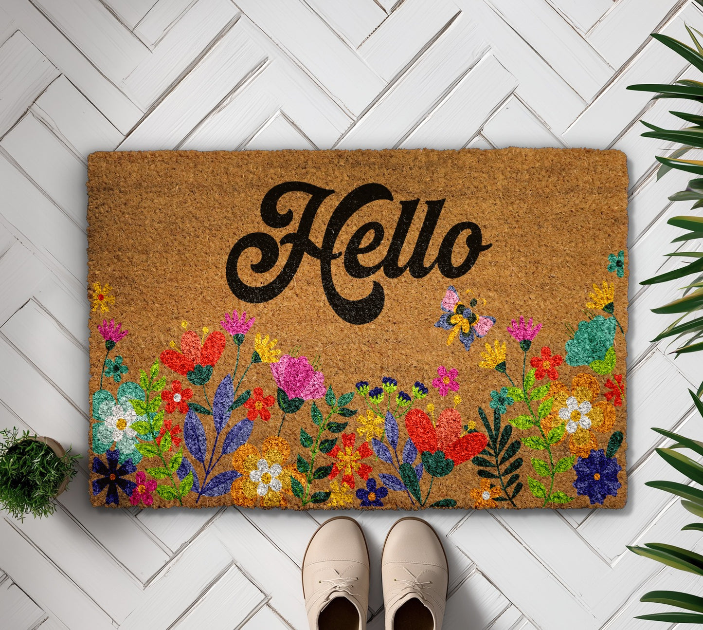 Charming Floral Hello Doormat, Brighten Your Front Porch!
