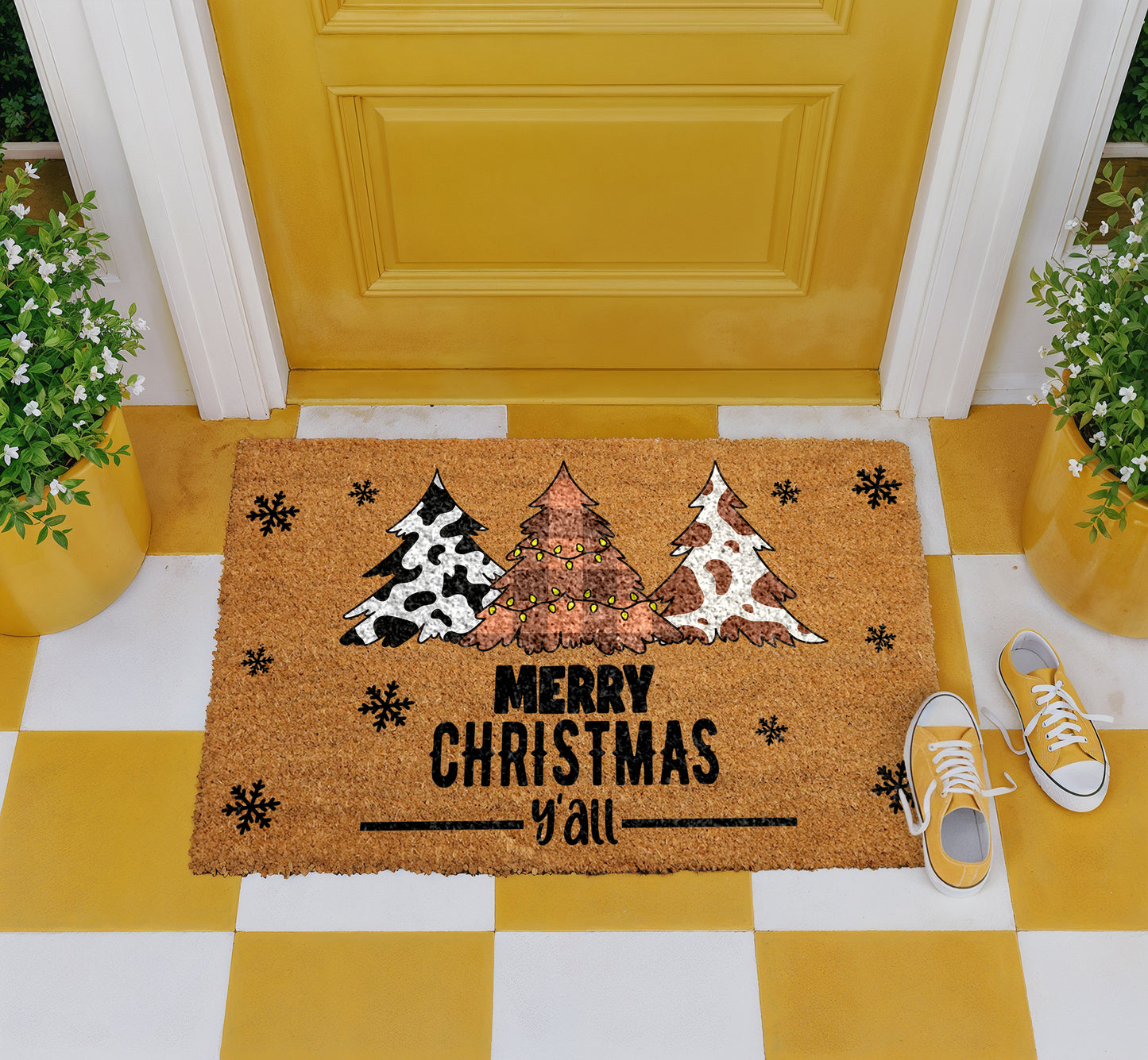 Cow Print Christmas Tree Welcome Mat, Rustic Holiday Porch Rug