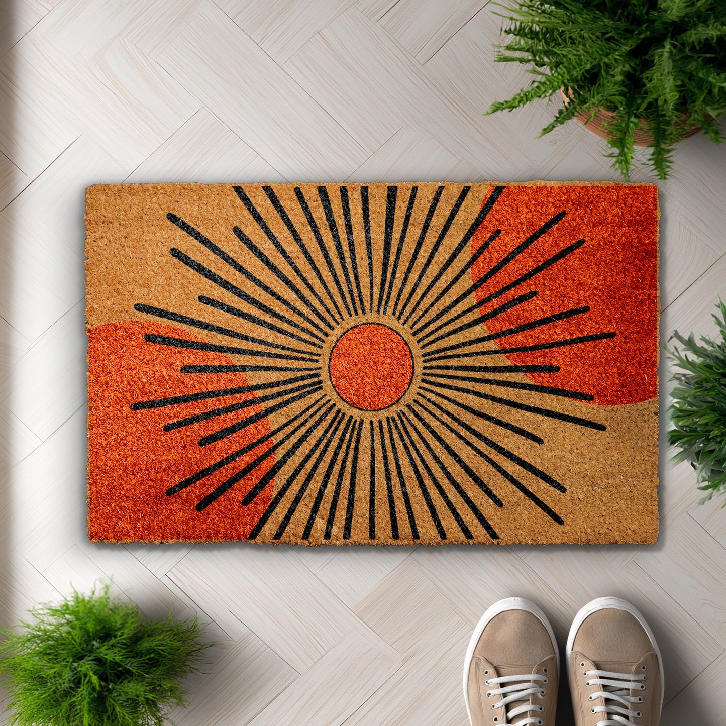 Boho Sunburst Doormat, Mid Century Style for Modern Home