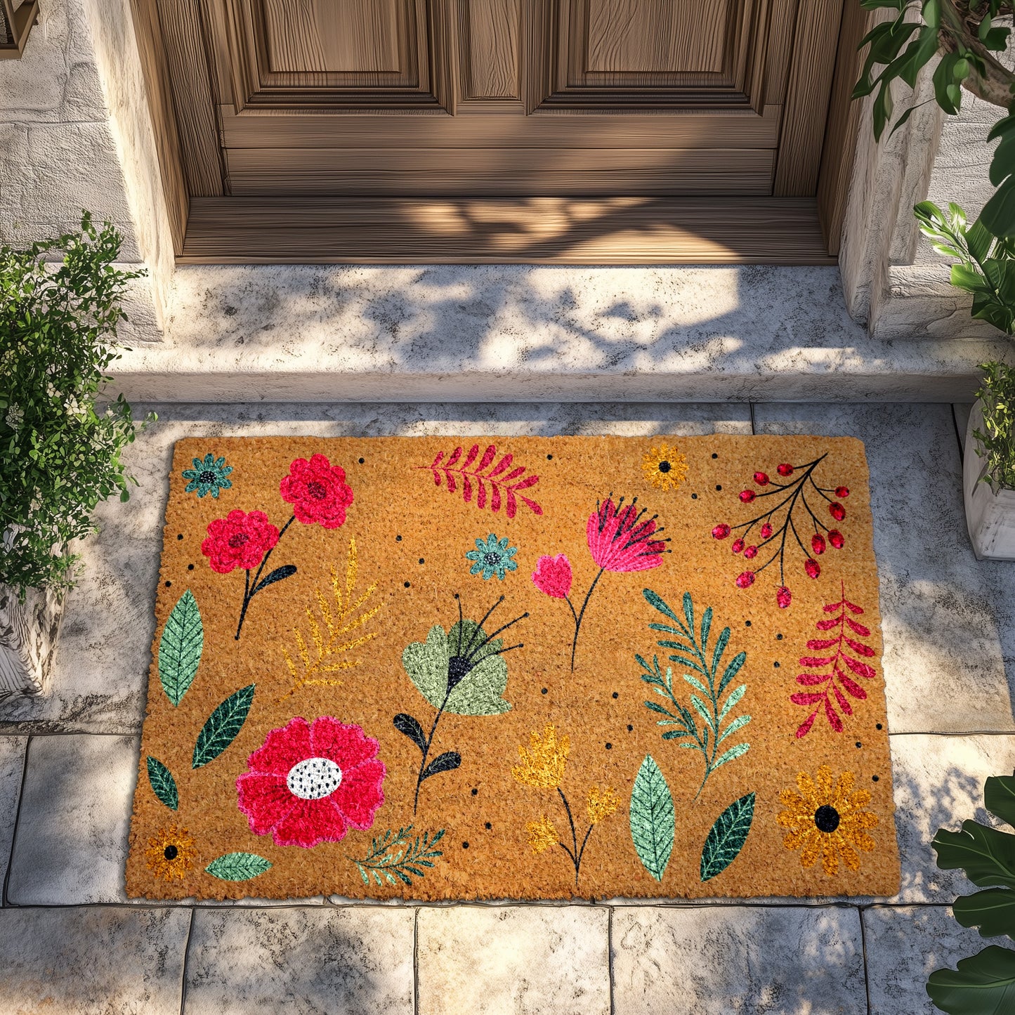 Boho Wildflower Welcome Mat, Vibrant Blooms Front Porch Rug