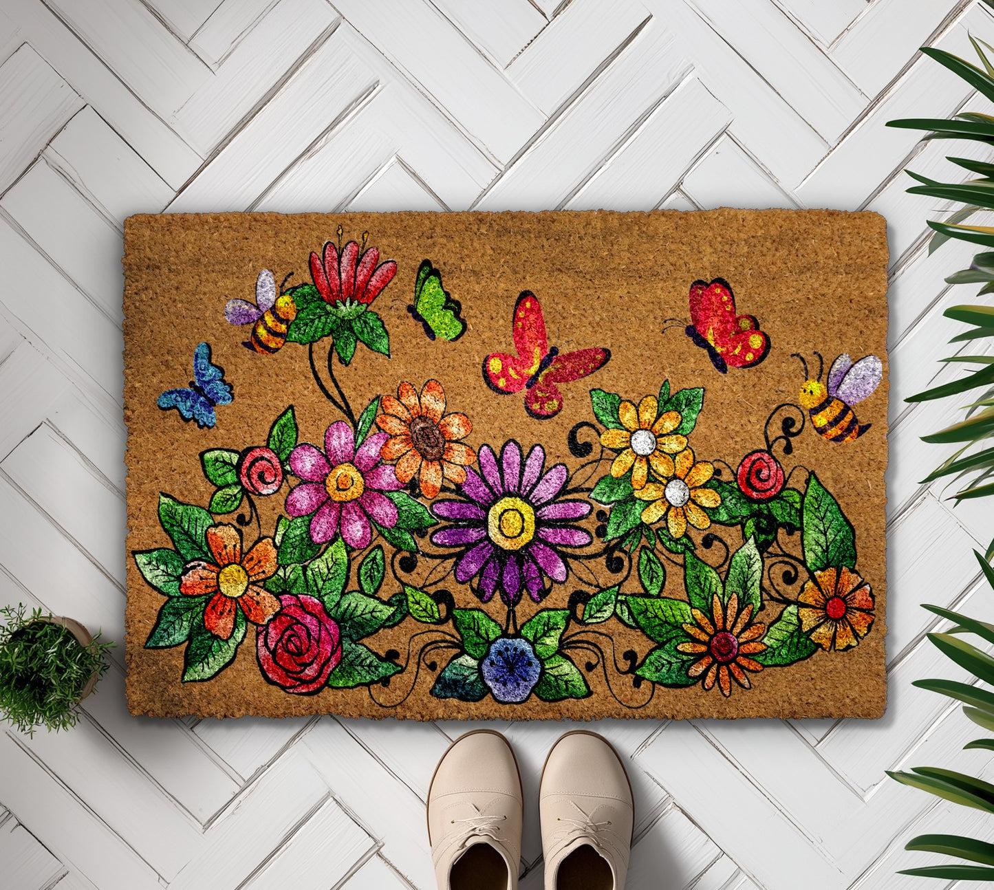 Vibrant Wildflower & Butterfly Doormat, Brighten Your Home Entrance.