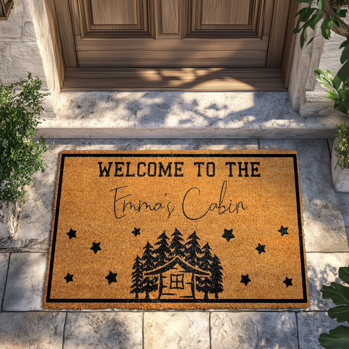 Custom Cabin Doormat, Personalized Pine Tree Decor, Rustic Housewarming Gift