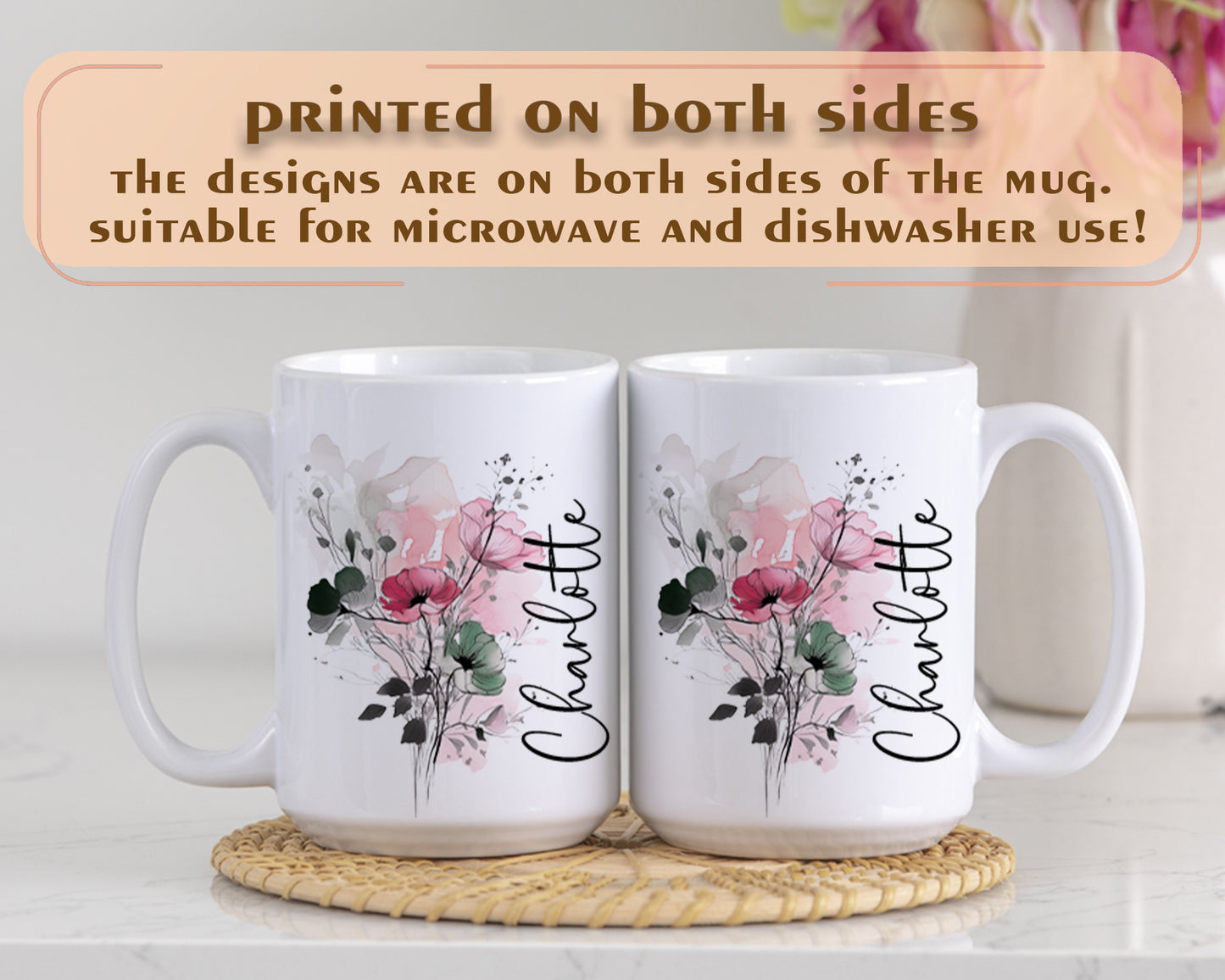 Custom Botanical Watercolor Floral Mug, Elegant Ceramic Tea Cup, Personalized Coffee Cup