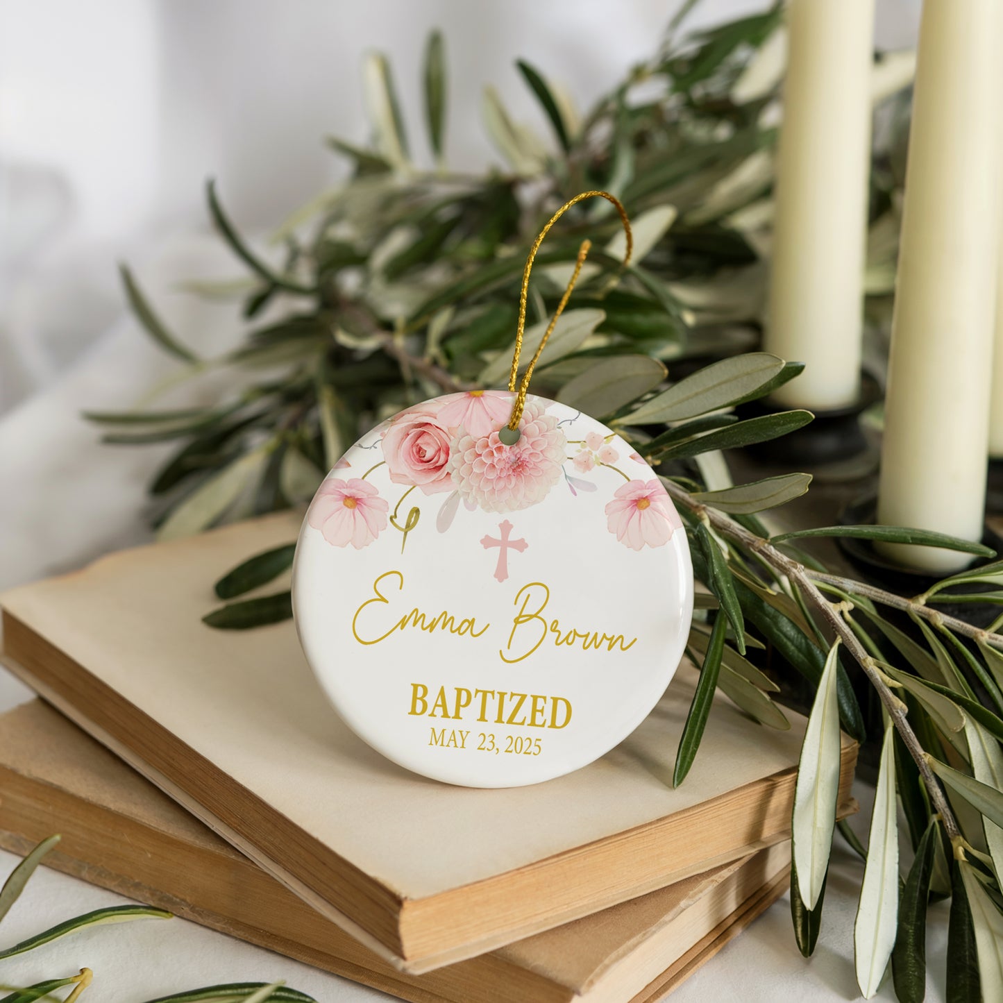 Custom Floral Cross Ornament, Elegant Christening Ceremony Keepsake, Ceramic Decor