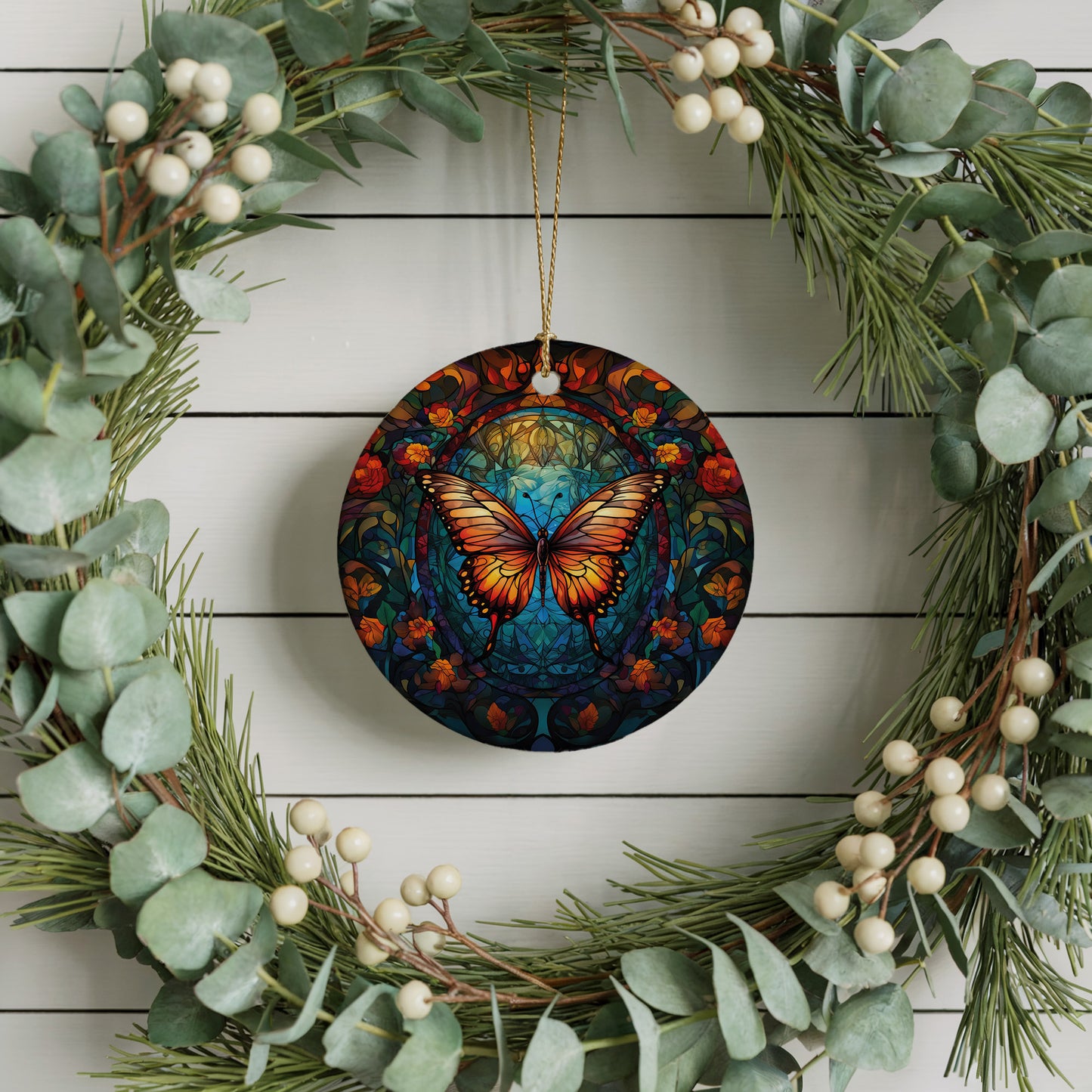 Vibrant Stained Glass Monarch Butterfly Ceramic Ornament, Nature Lover Keepsake