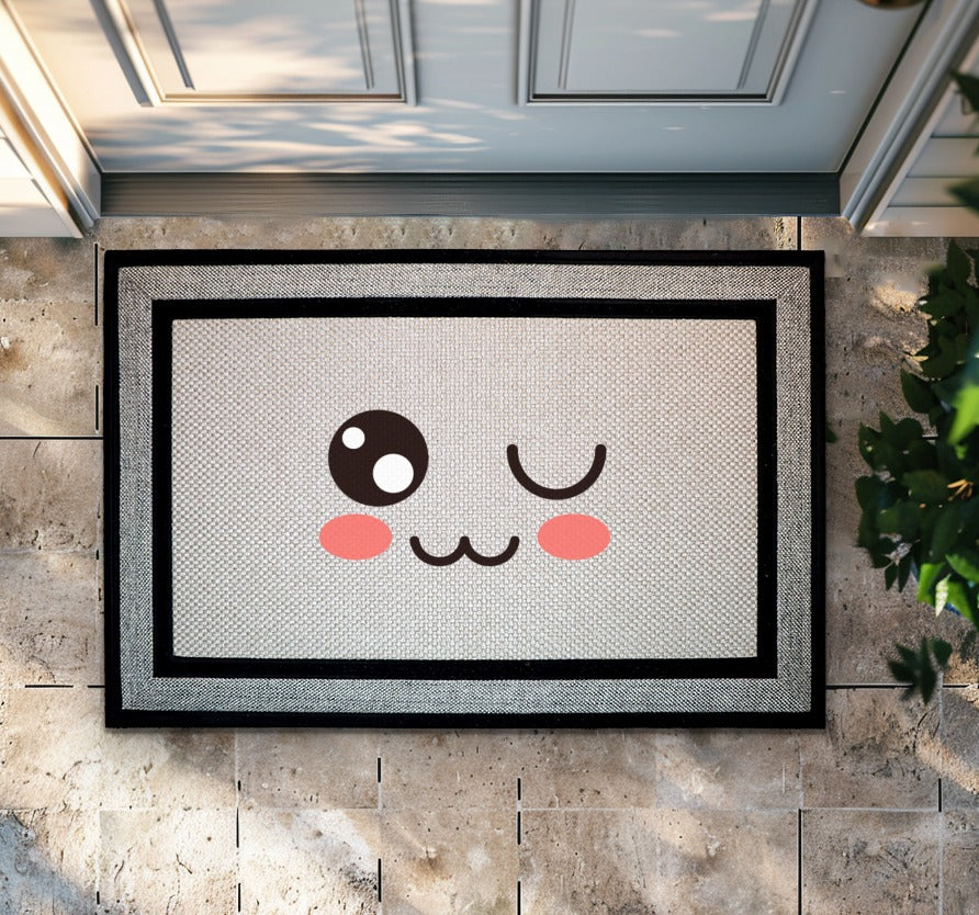 Playful Winking Emoji Doormat, Kawaii Welcome Mat for Front Porch