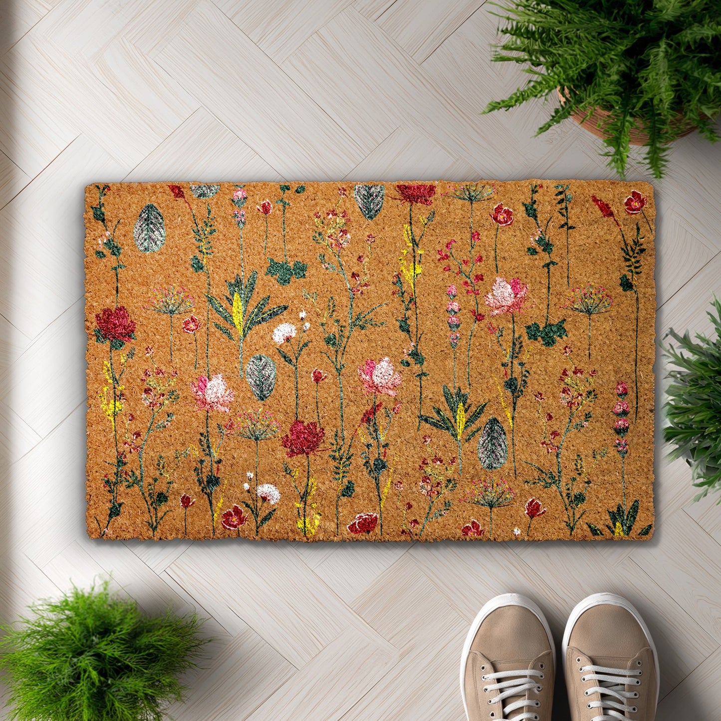 Boho Floral Welcome Mat, Colorful Spring Blossom Doormat, Charming Entrance Rug