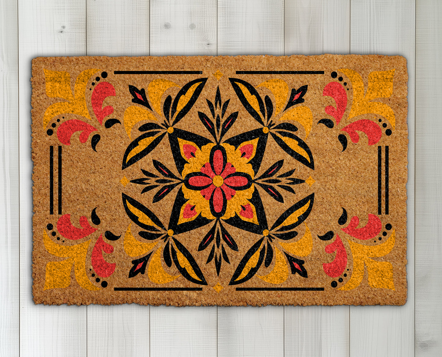 Bohemian Coir Mat: Moroccan Tile Doormat with Ornate Mediterranean Flair