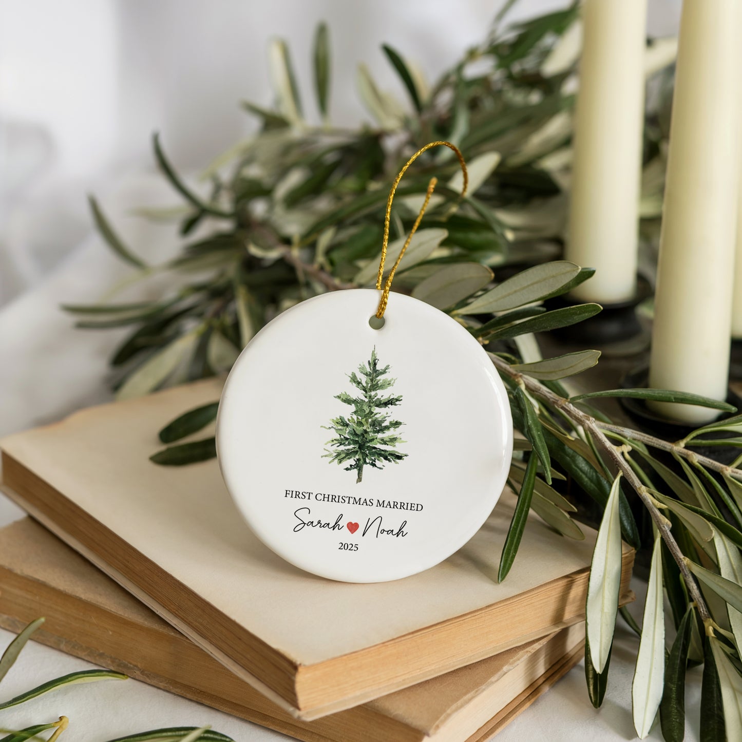 Personalized First Christmas Married Ornament, Custom Ceramic Xmas Keepsake Gift