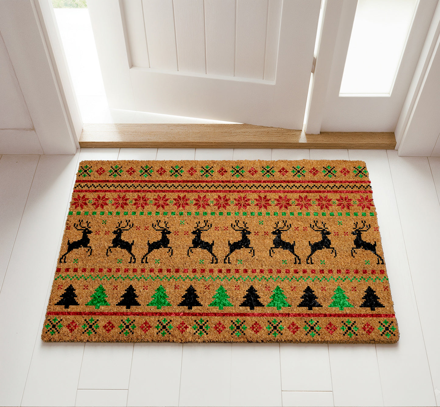 Fair Isle Christmas Doormat, Reindeer & Tree Holiday Welcome Mat