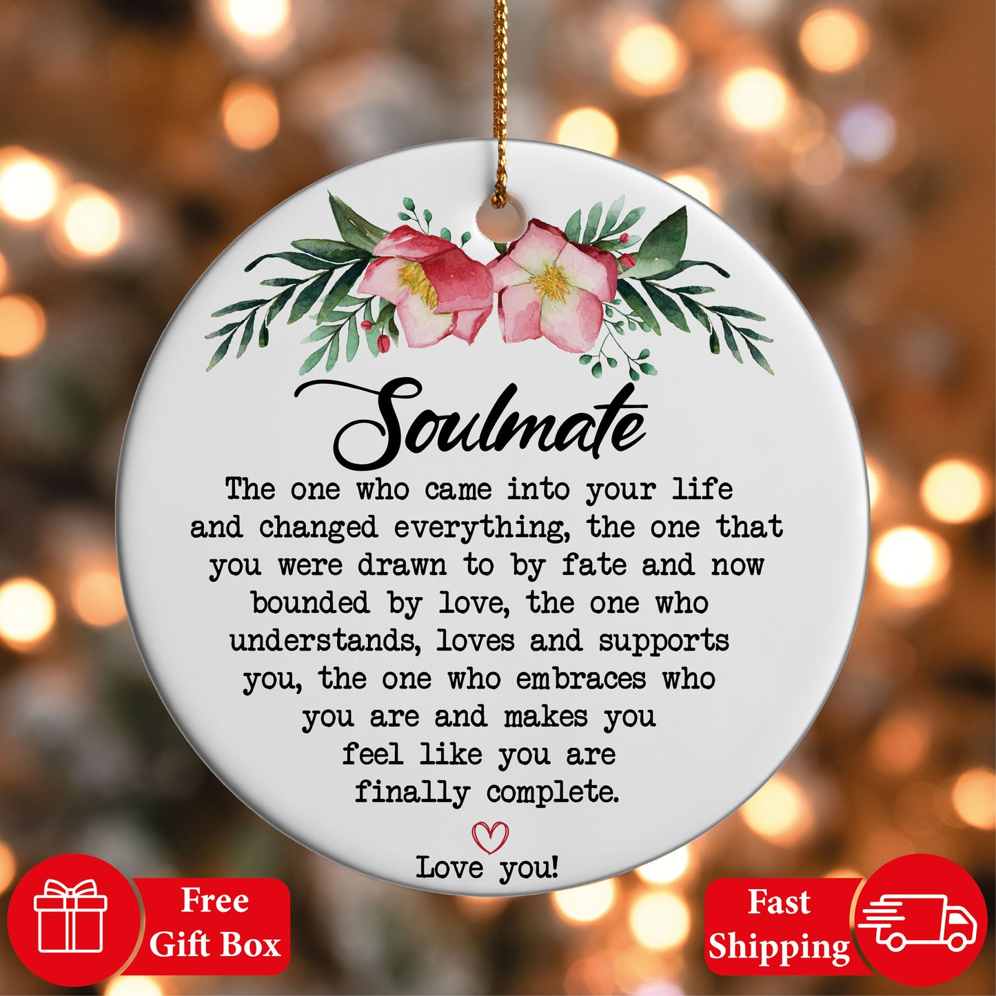 Soulmate Emotional Text Ceramic Ornament, Romantic Couple Valentine's Day Keepsake