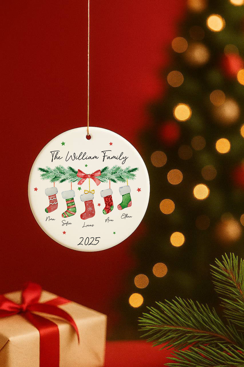 Personalized Family Christmas Ornament with Coquette Stockings, 2025 Decor