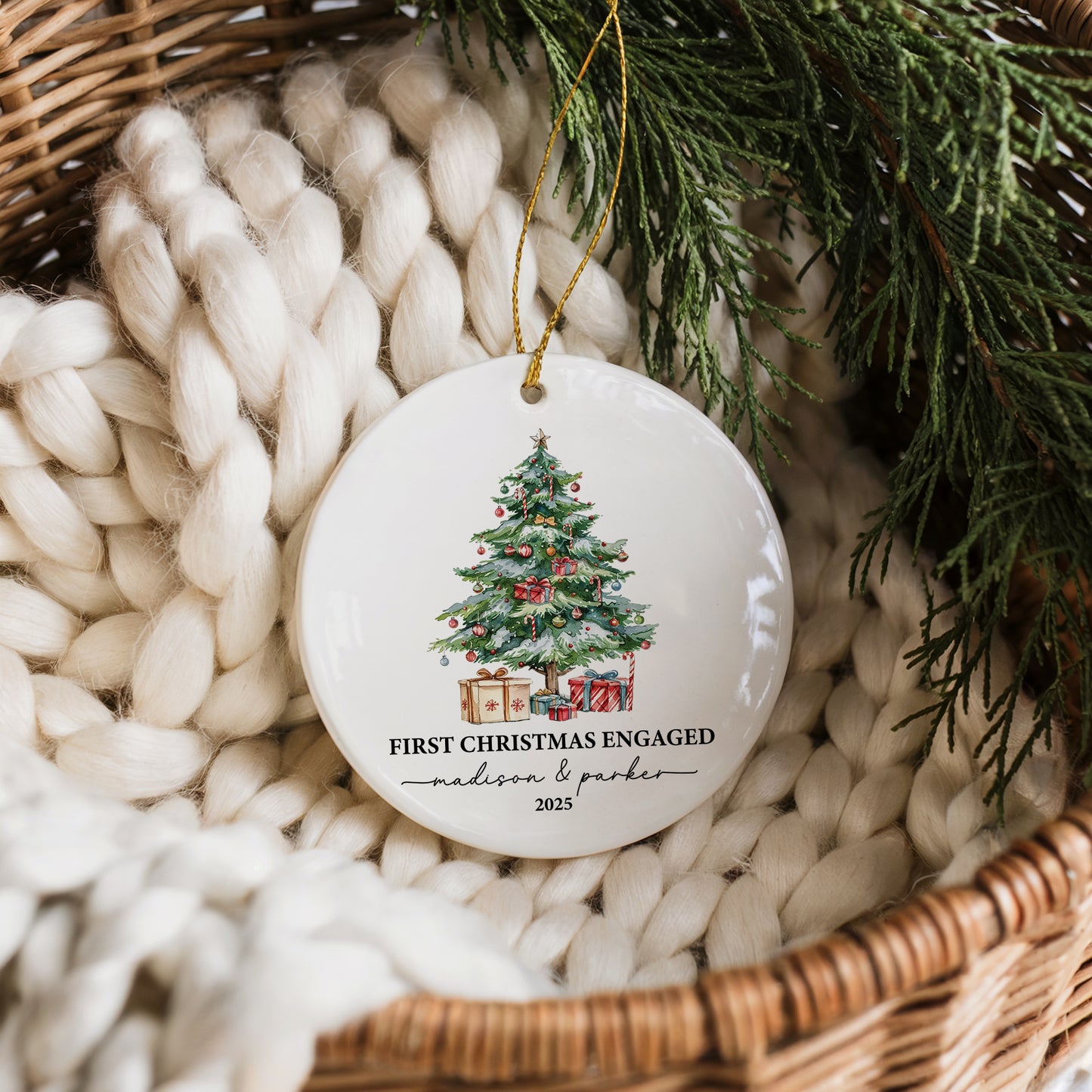 Personalized First Christmas Engaged Ornament, Ceramic Couple Keepsake, Engagement Gift