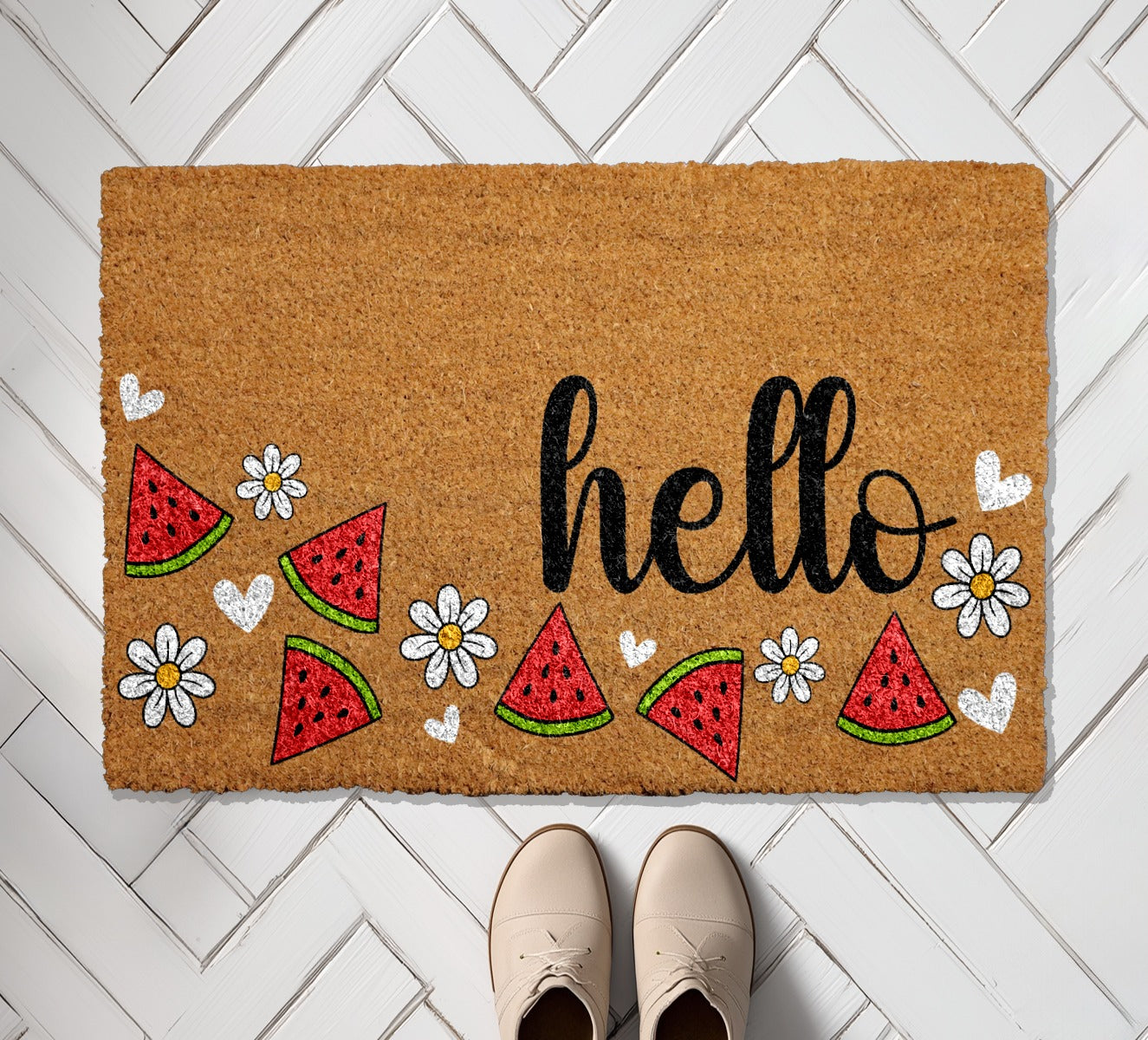 Summer Vibes Welcome with Watermelon & Daisy Doormat, Cheerful Greeting