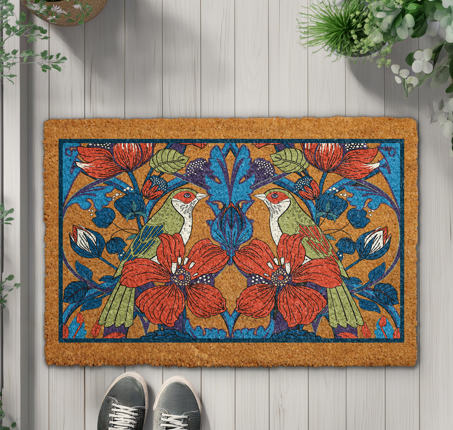 Elegant Bird and Floral Welcome Mat, Nature-Inspired Front Door Rug