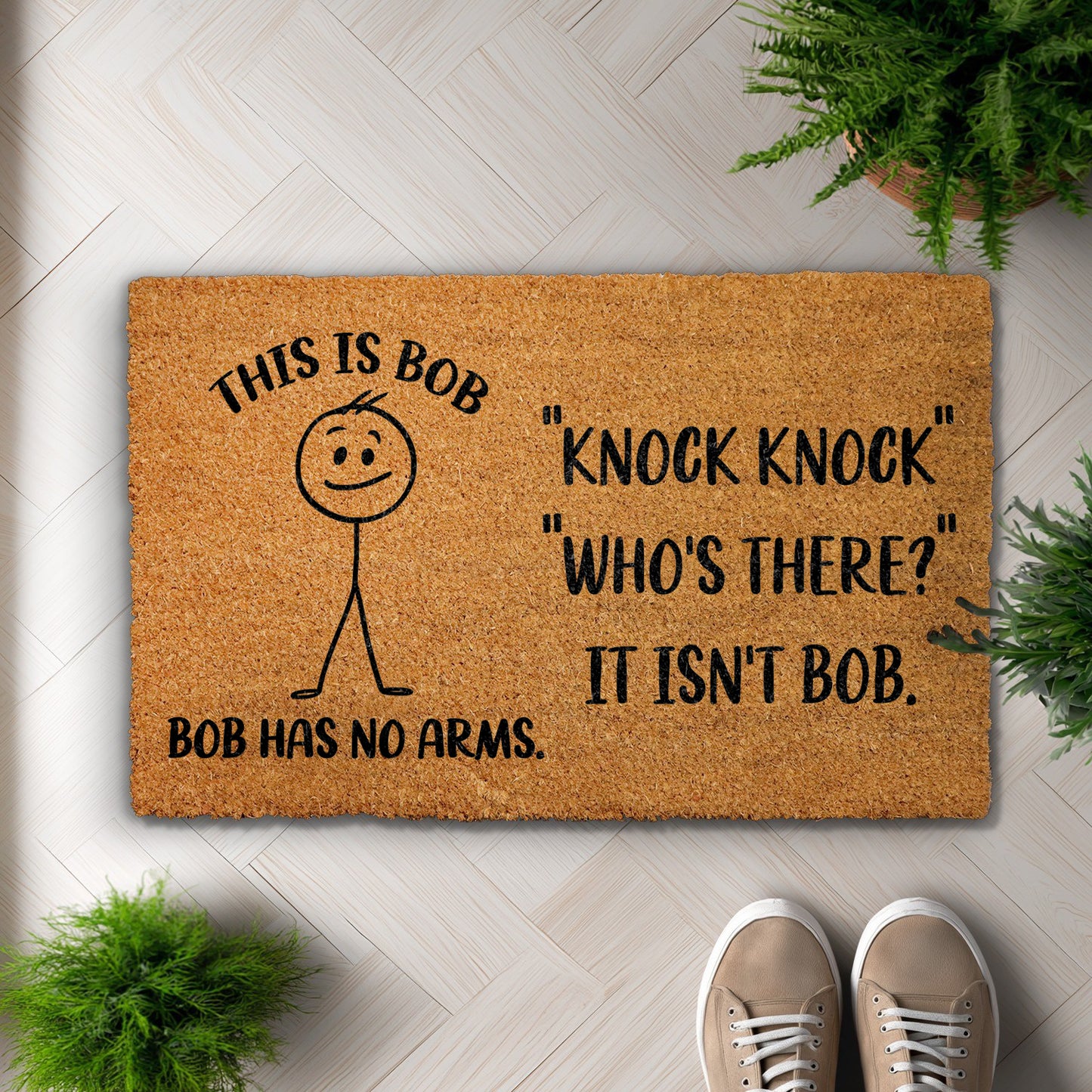 Knock Knock, Stick Figure Welcome Mat, Humorous Home Entrance Rug