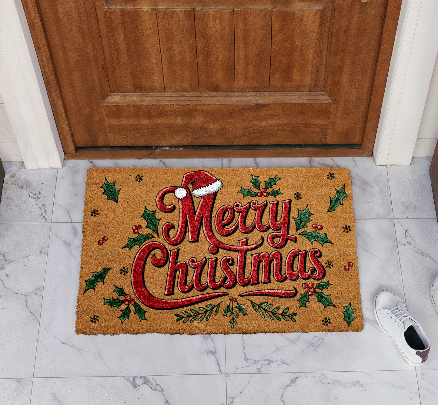 Cozy Winter Mat: Merry Christmas Doormat, Festive Santa Hat Design