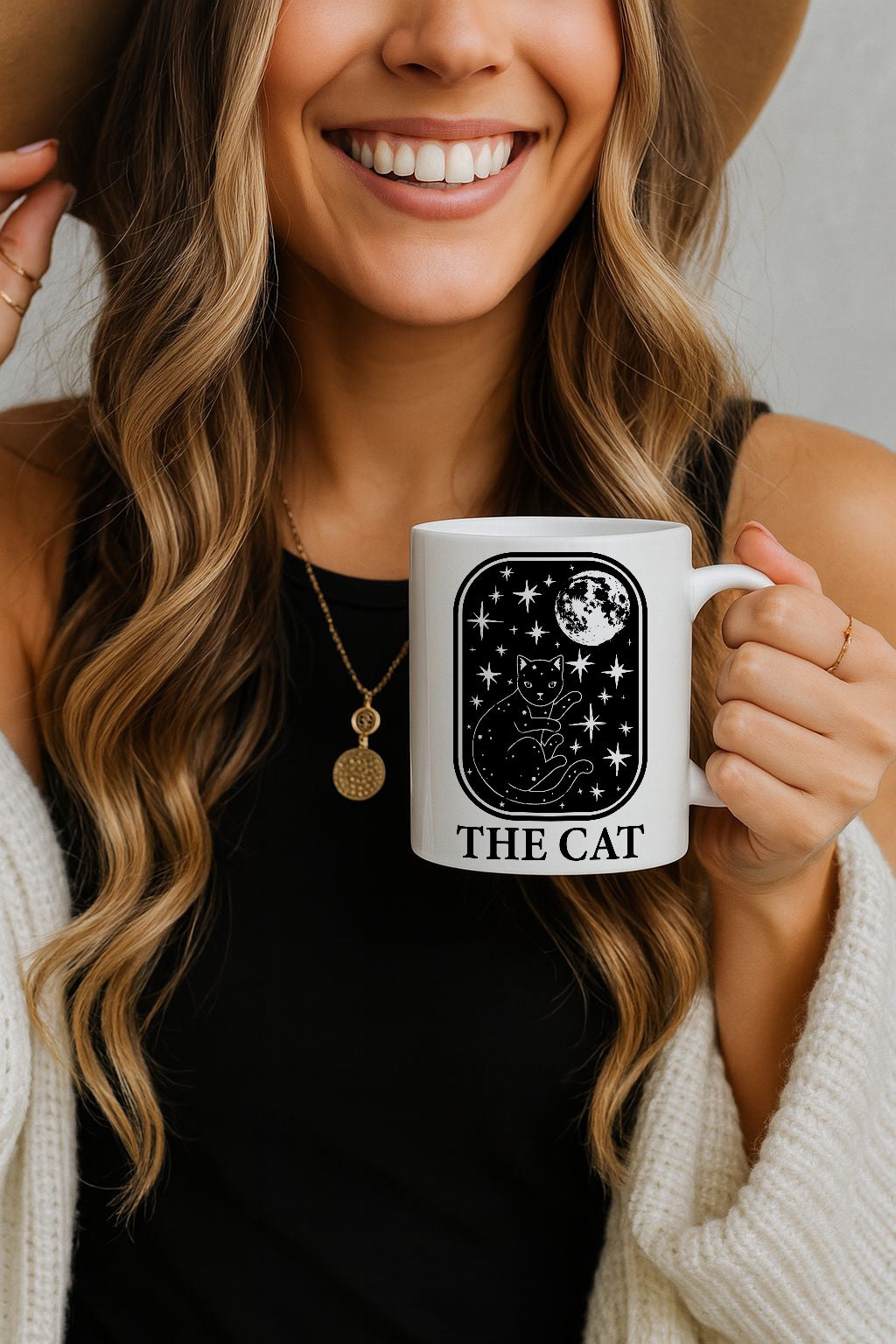 Black Cat Moon Stars Coffee Cup, Mystical Feline Mug Celestial