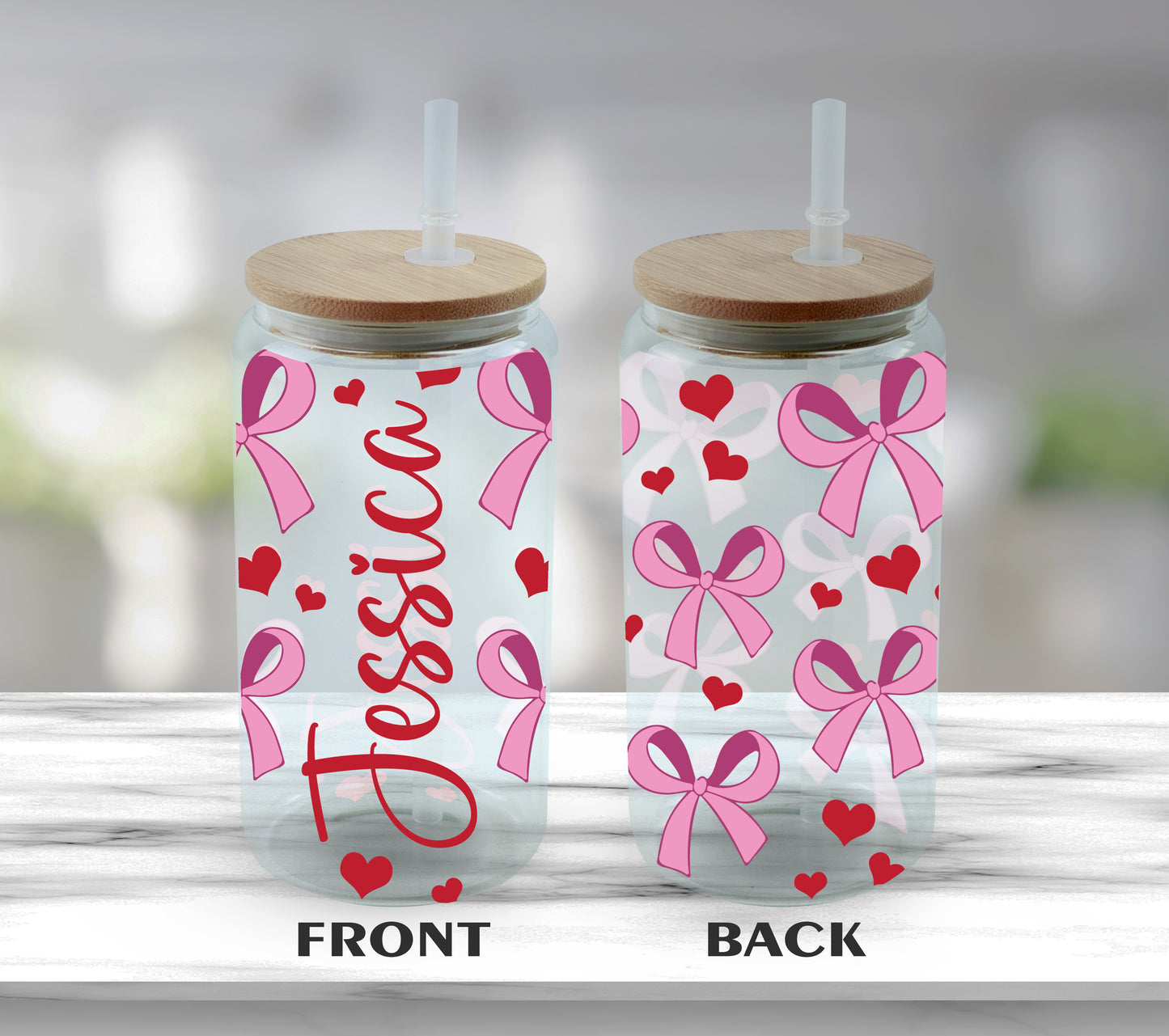 Custom Hearts And Bows Glass Tumbler Cup, Personalized Iced Coffee.