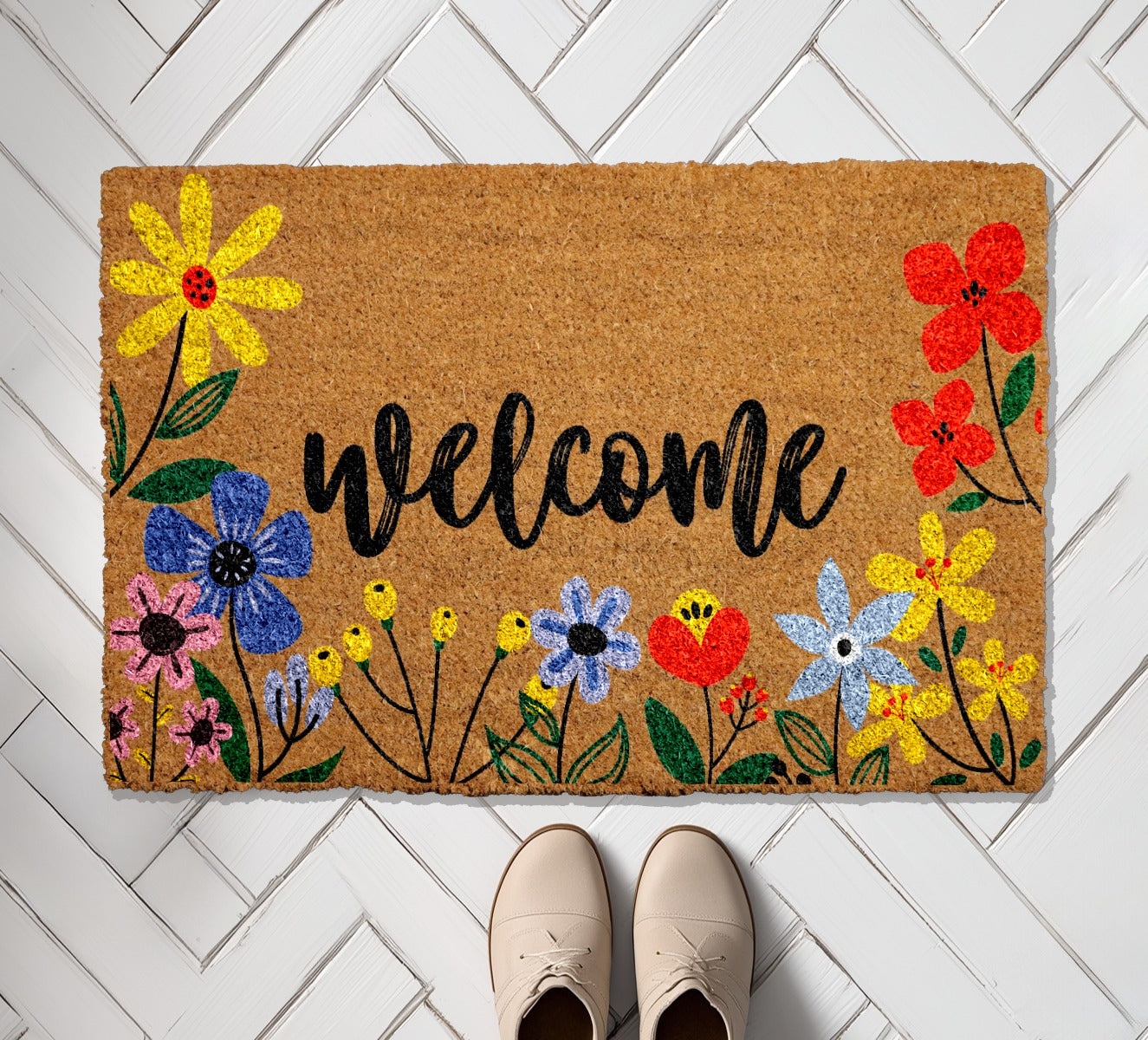 Vibrant Floral Welcome Doormat, Spring Garden Decor, Cute Housewarming Gift