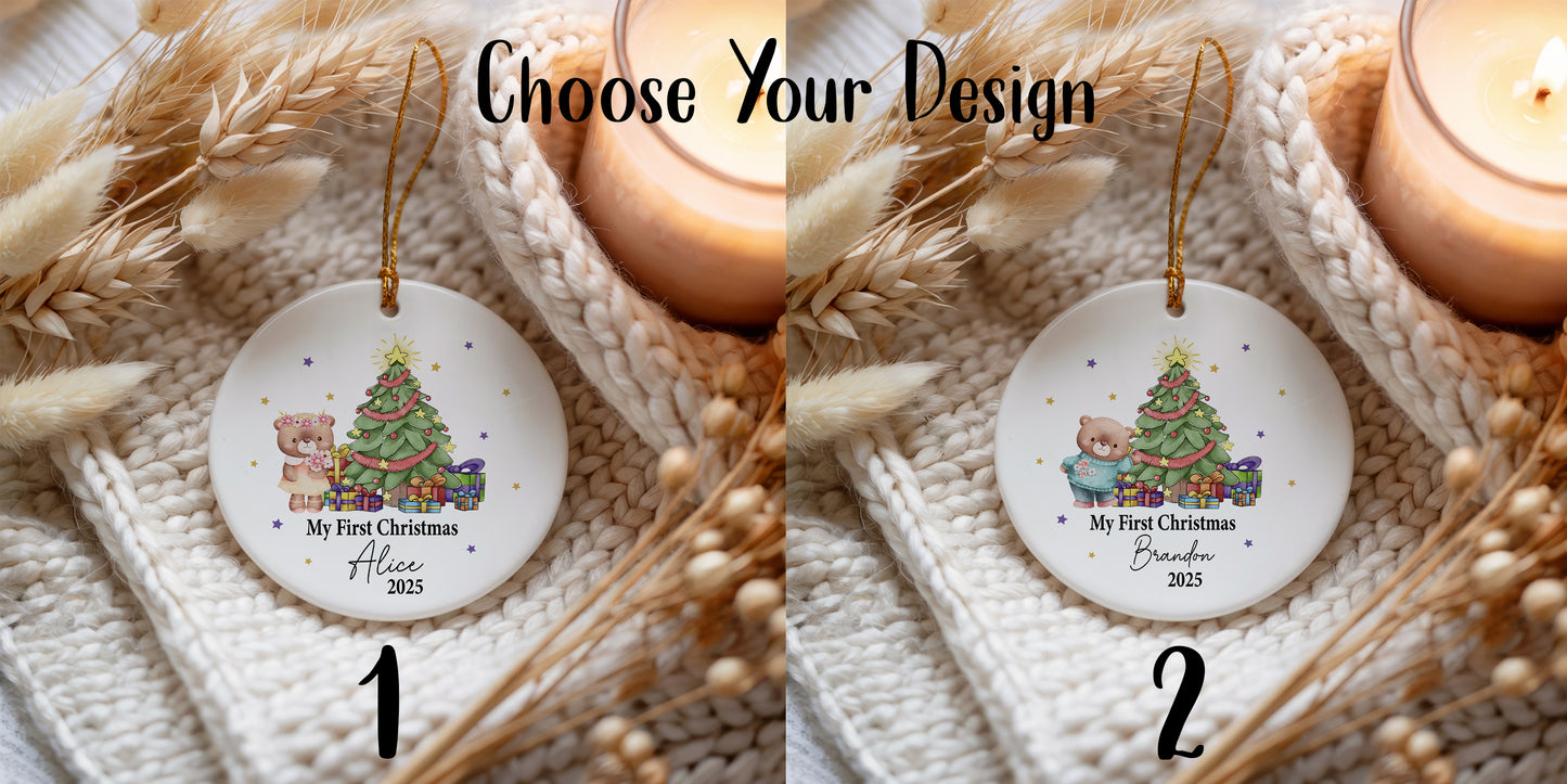 Baby's 1st Christmas Keepsake Ornament, Personalized Ceramic With Adorable Bear Design