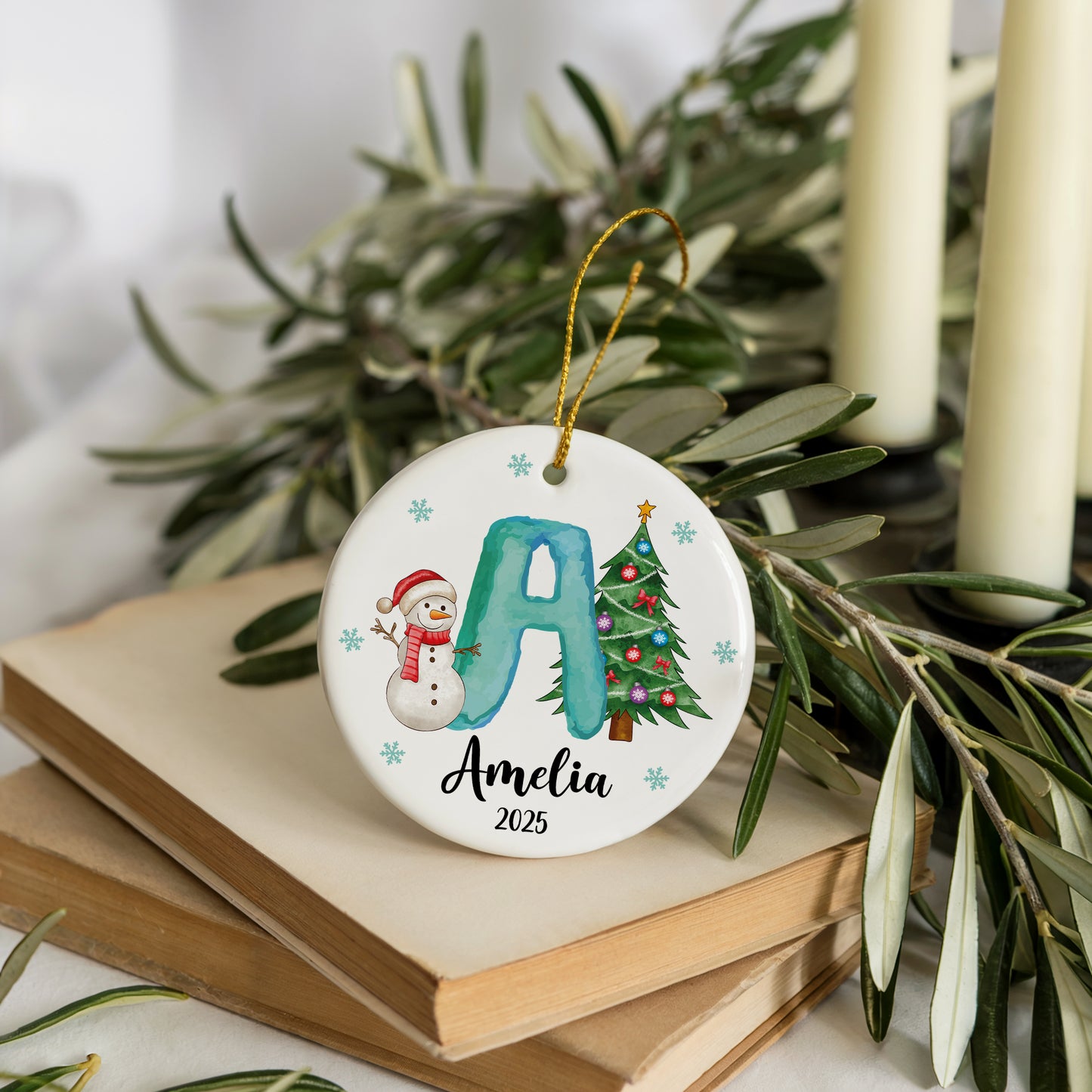 Custom Initial Snowmen Ornament: Family Christmas Tree Decoration, Festive Gift