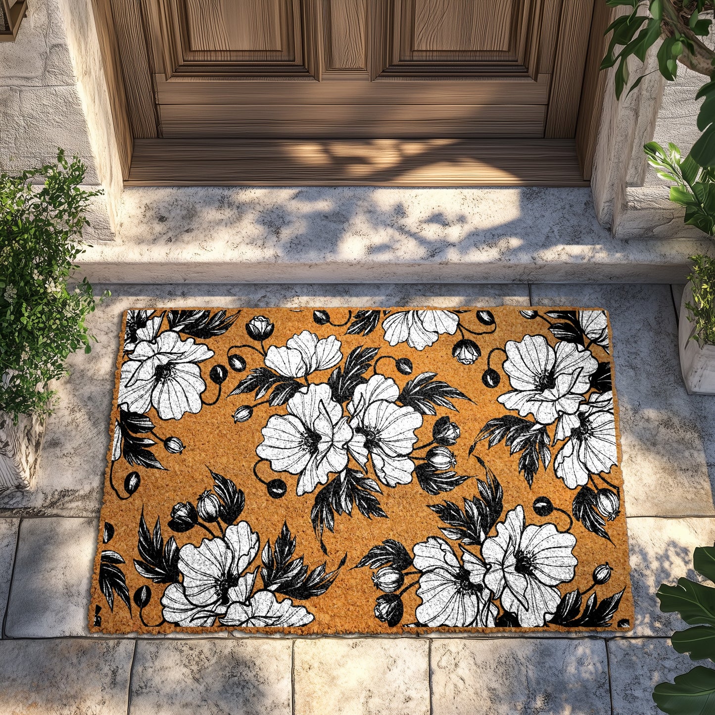 Hand Painted Poppy Flowers Welcome Mat, Rustic Garden Decor