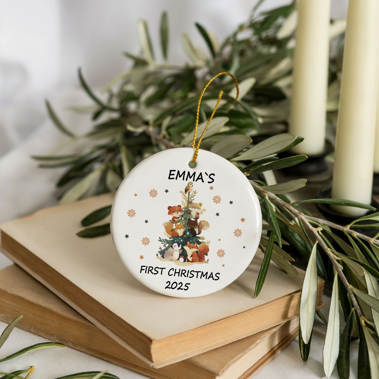 Personalized Ceramic Baby's First Christmas Ornament, Animal-Inspired Tree Decoration