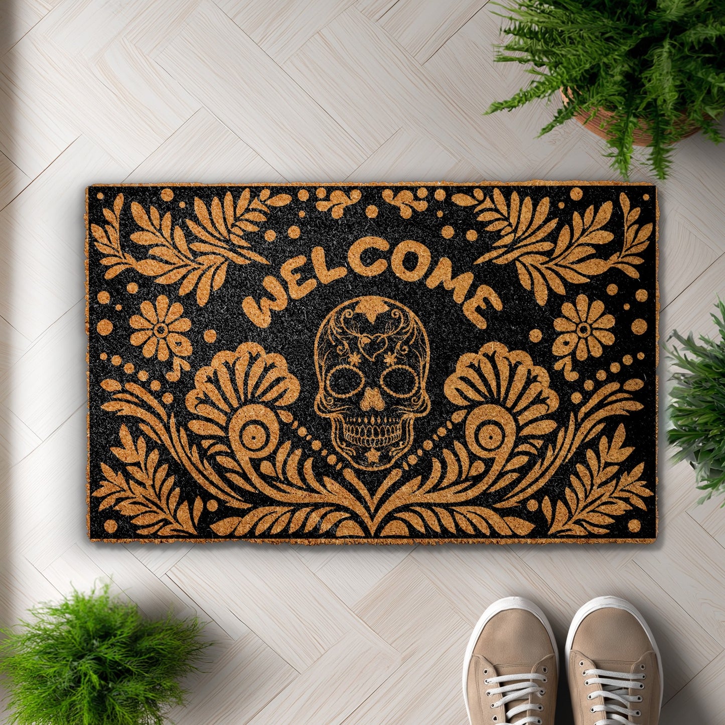 Gothic Floral Sugar Skull Welcome Doormat, Perfect Skeleton Halloween Decor