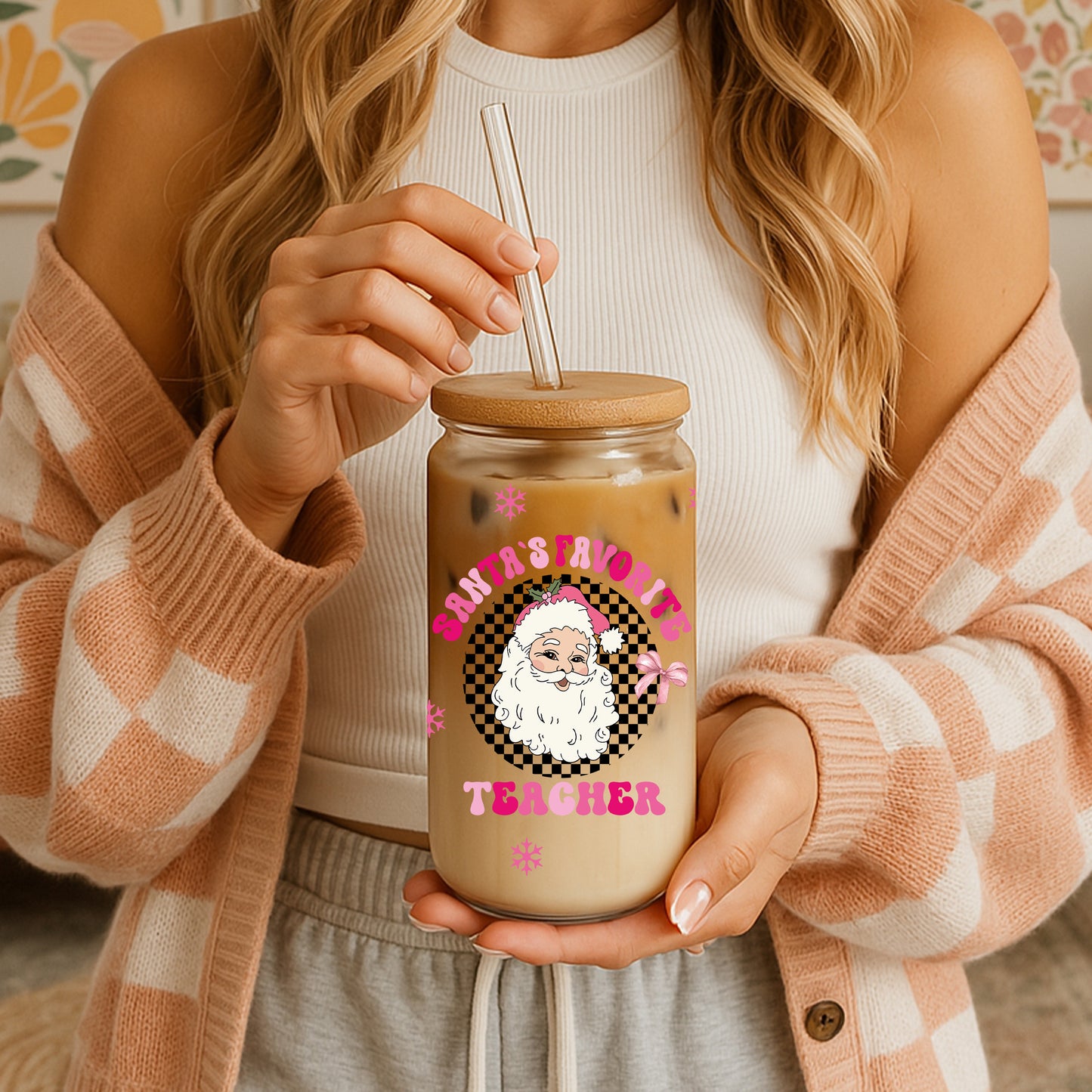 Checkered Santa's Favorite Teacher Tumbler, Christmas Appreciation Gift Bulk Option