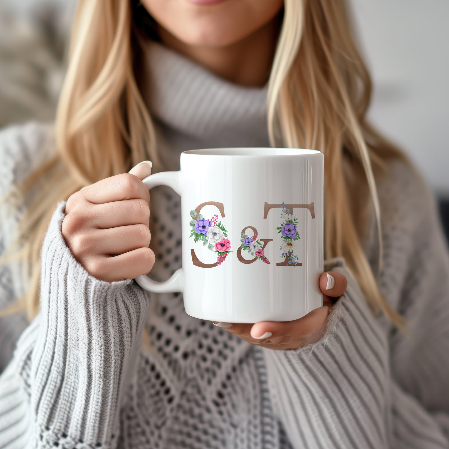 Elegant Custom Floral Initials Coffee Mug, Monogrammed Ceramic Tea Cup