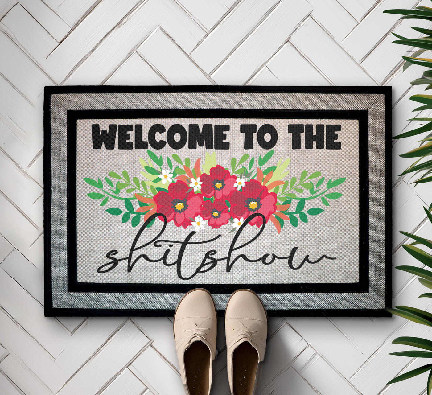 Redefine Your Entryway with Our Funny Floral Doormat, Red Flower