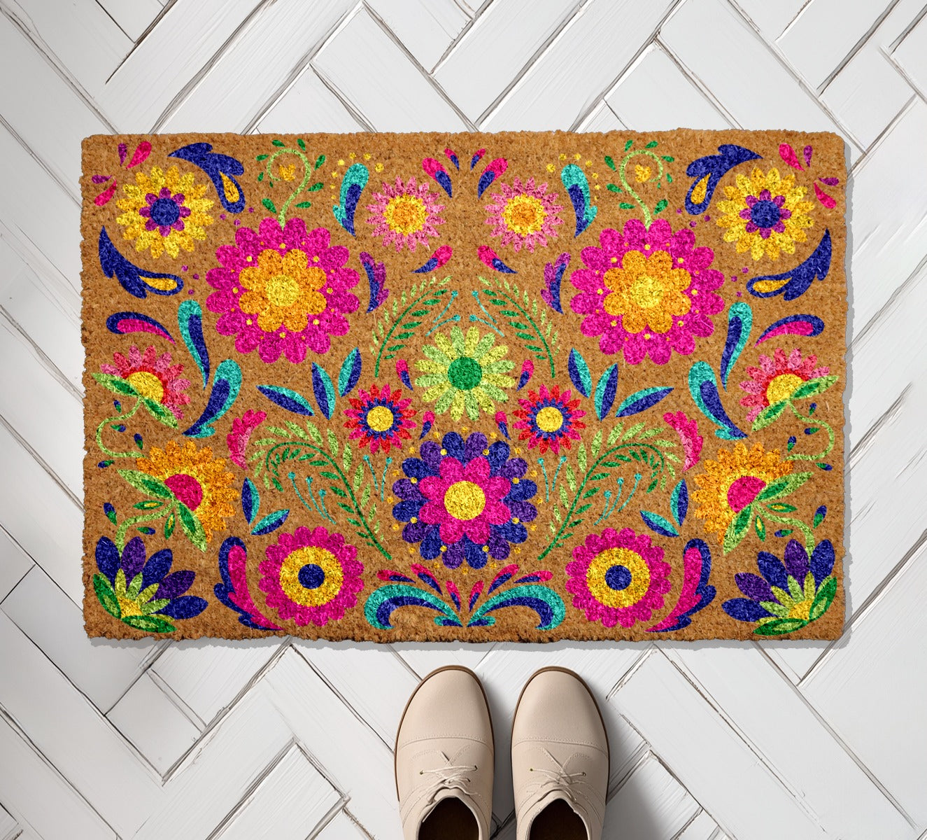 Vibrant Flowers Welcome Mat, Boho Housewarming Gift, Colorful Floral Doormat