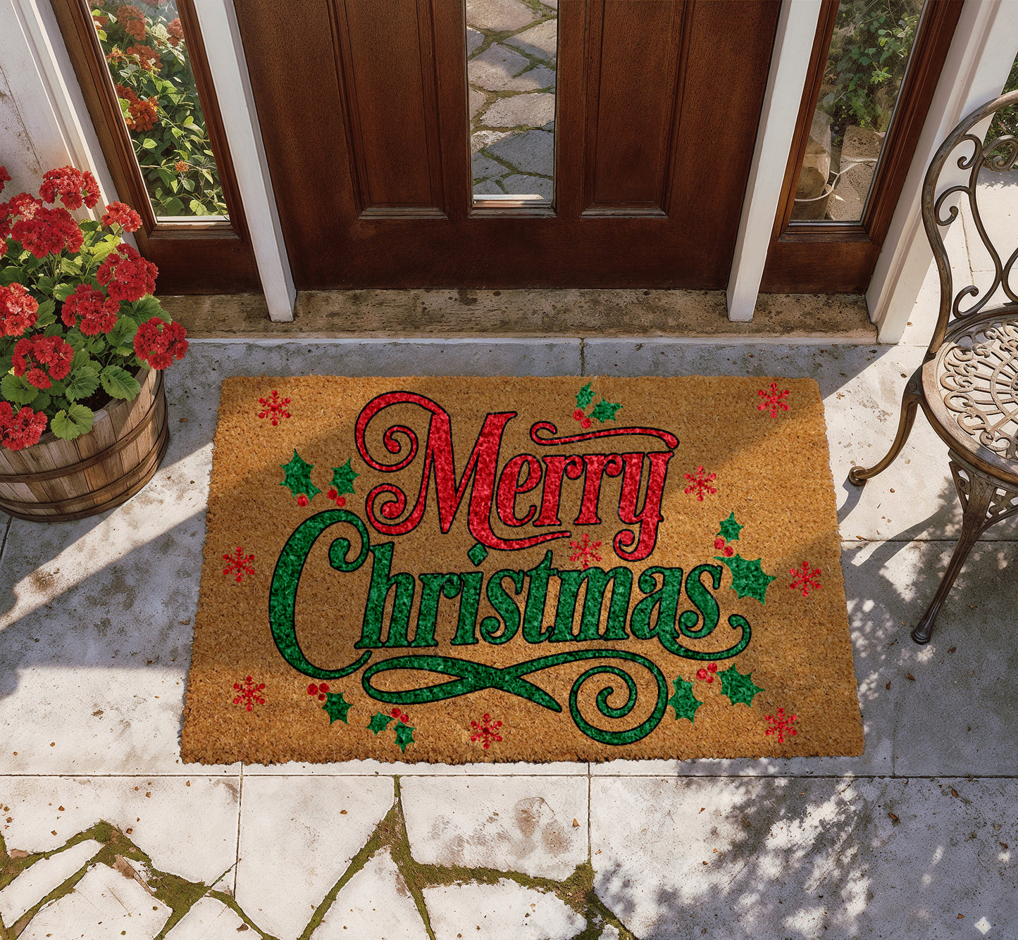 Festive Holly & Berries Doormat, Cheerful Xmas Home Decor Accessory