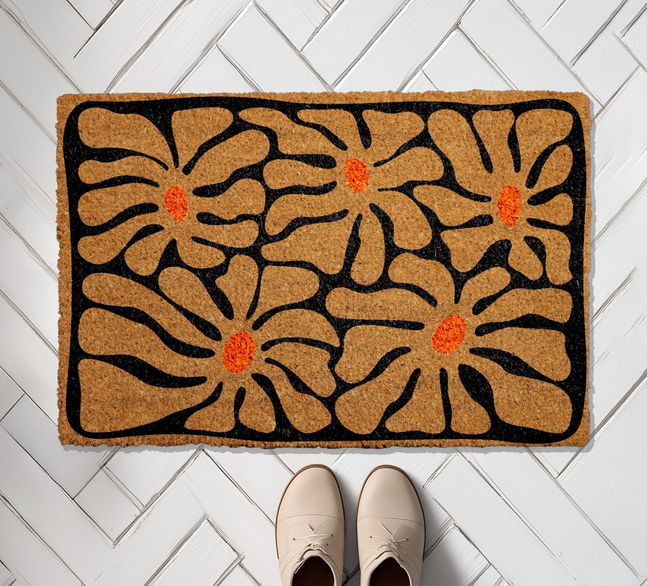 Retro Boho Floral Doormat for Stylish Mid Century Modern Homes
