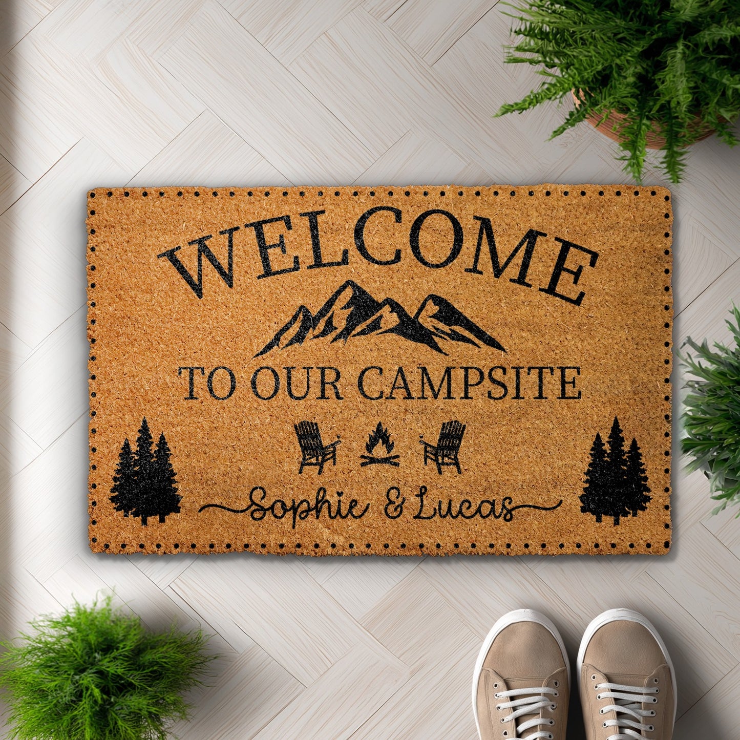 Personalized Couple's Welcome Mat, Mountain & Campfire Doormat for Glamping