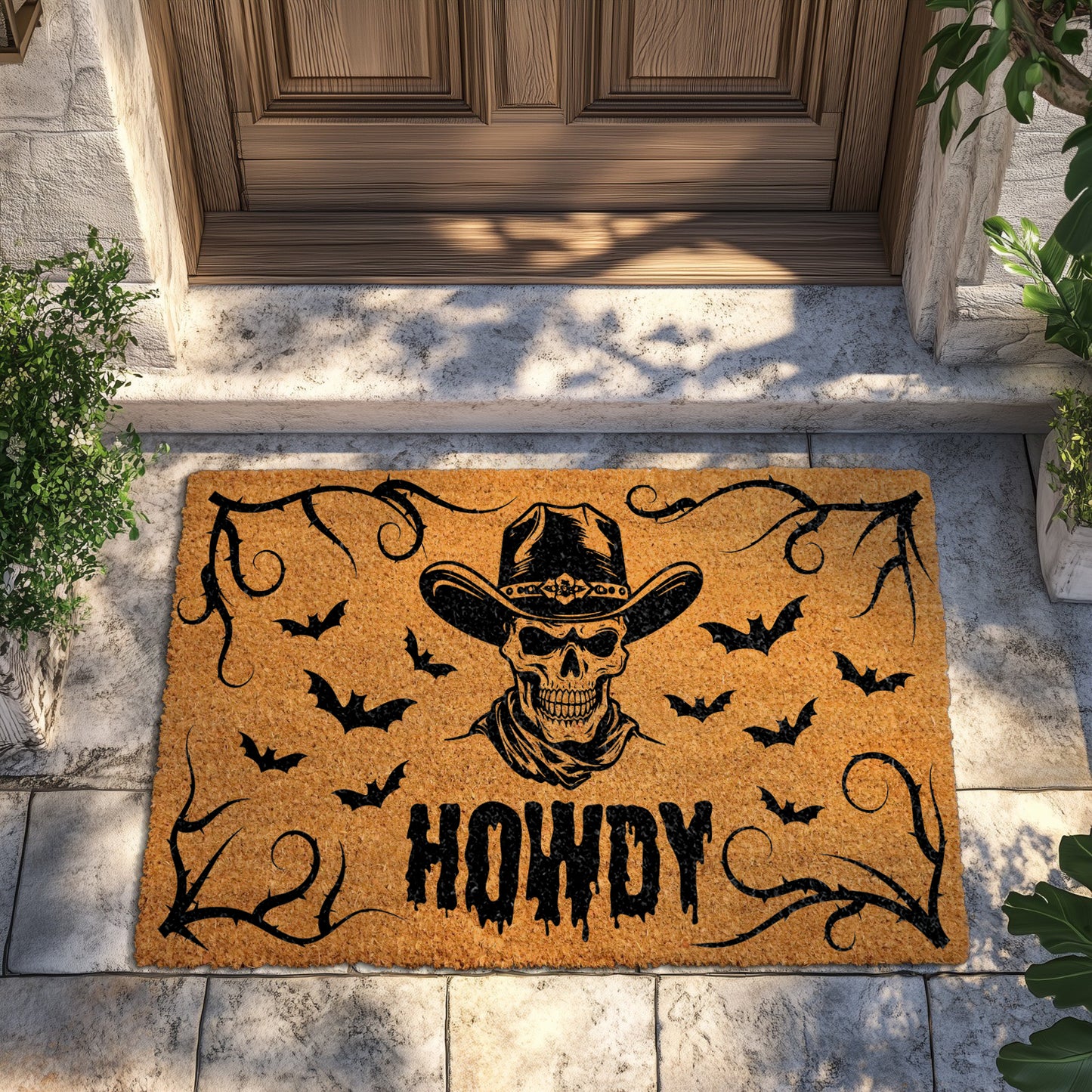 Gothic Cowboy Doormat, Spooky Western Halloween Farmhouse Welcome Rug