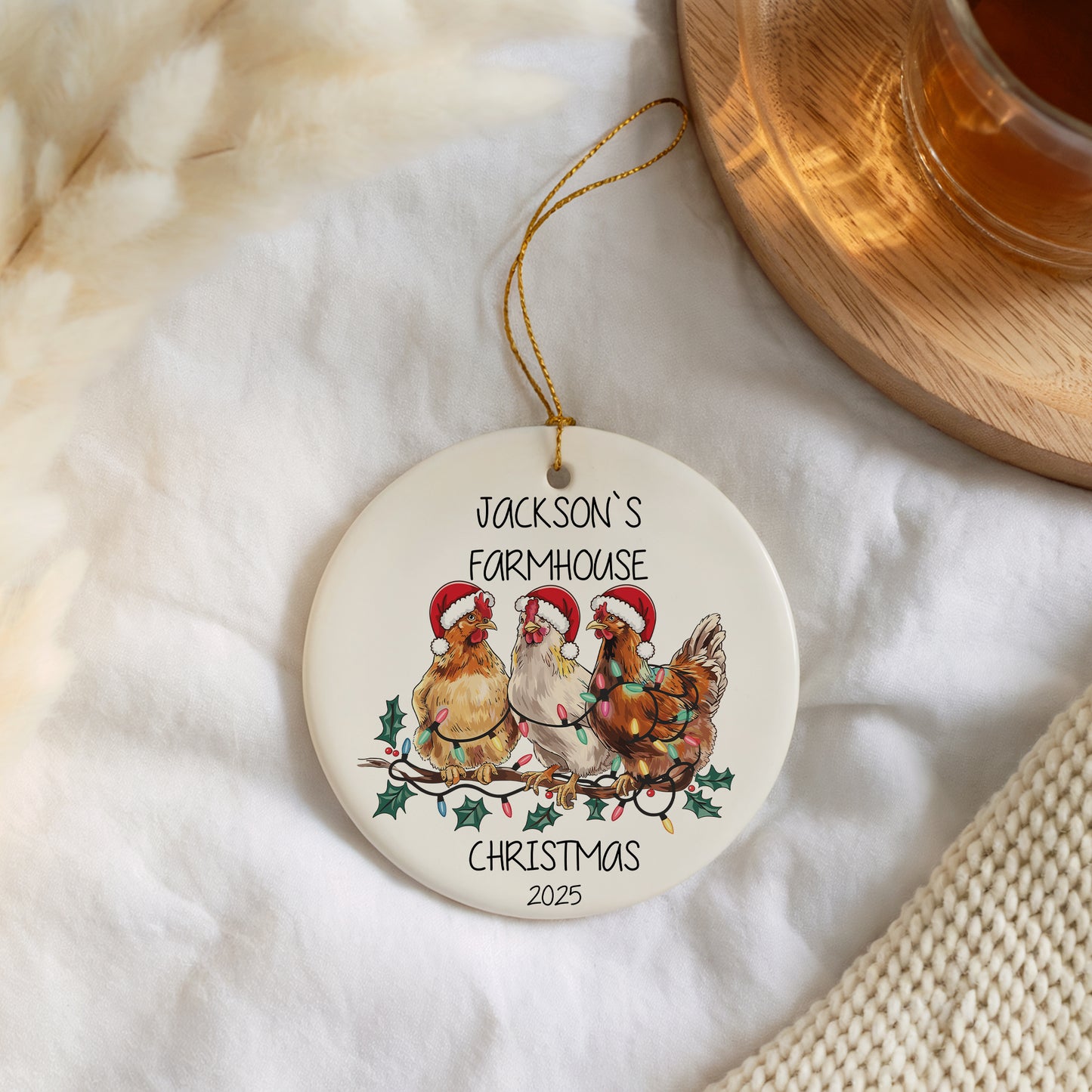Personalize Your Tree with Ceramic Santa Hat Chickens Ornament