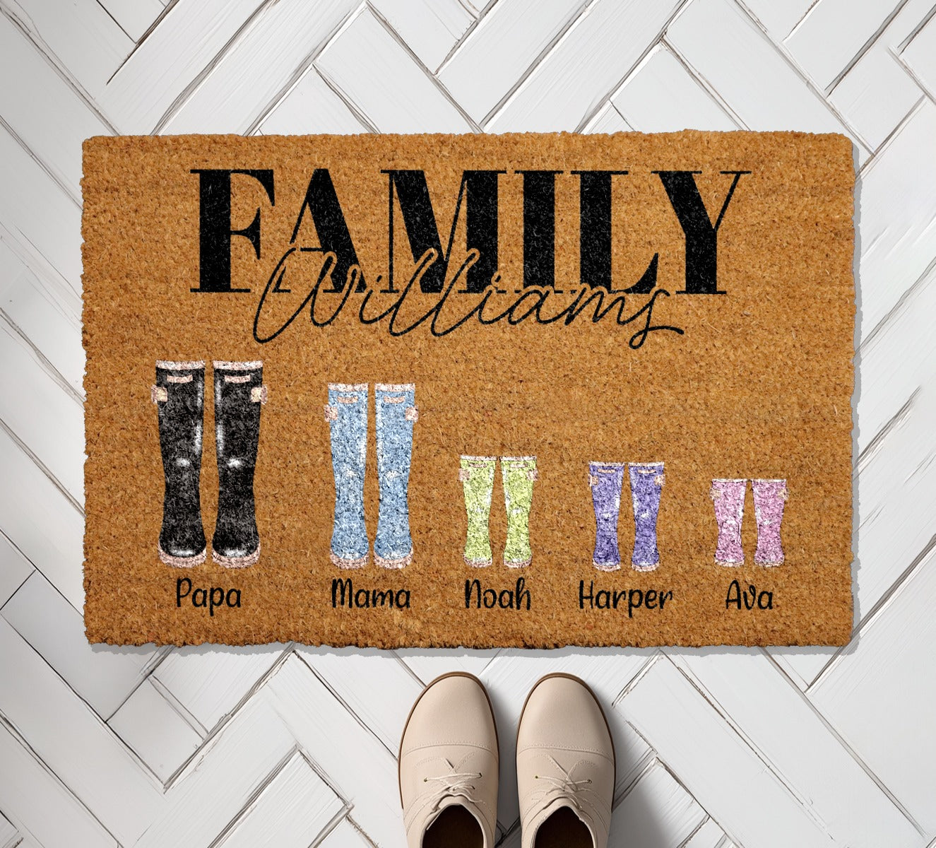 Personalized Family Wellies Doormat, Last Name Welcome Mat, Porch Decor