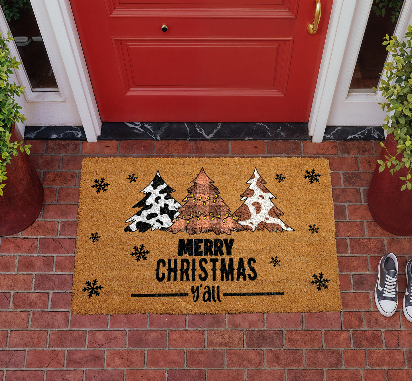 Cow Print Christmas Tree Welcome Mat, Rustic Holiday Porch Rug