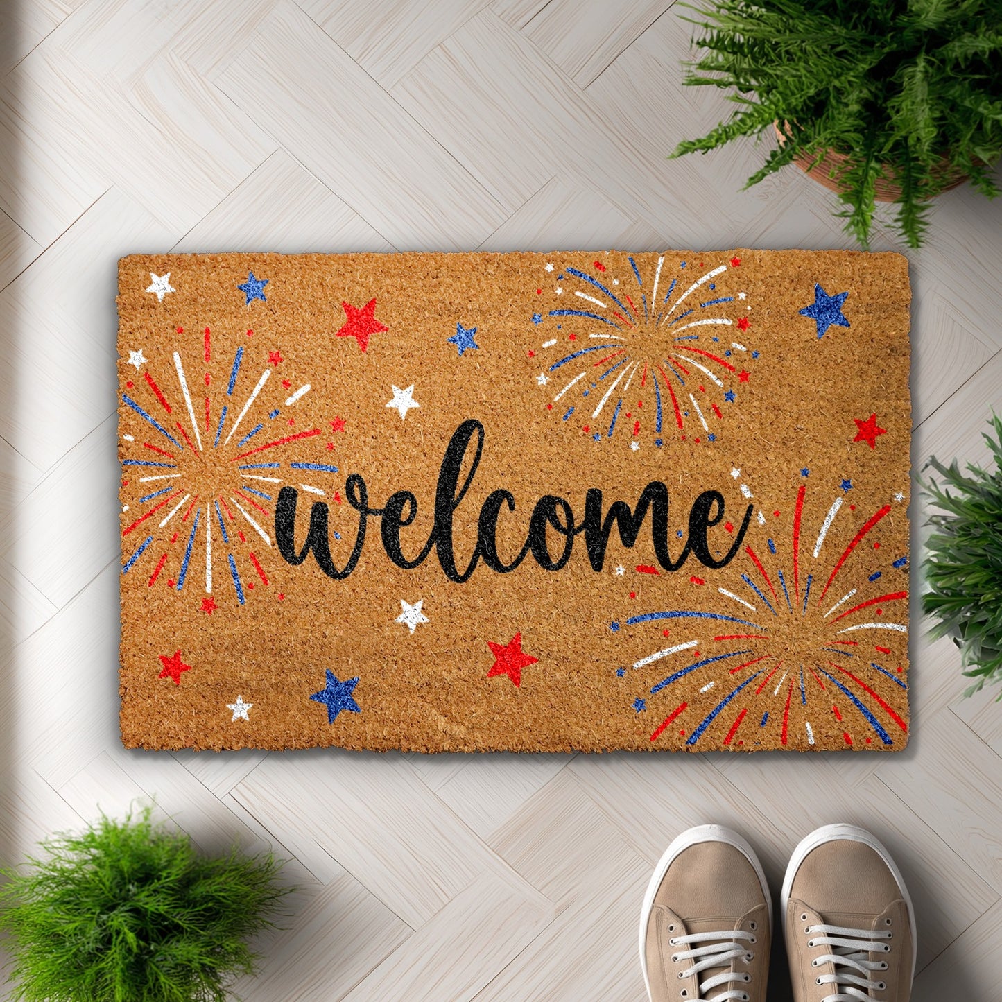 Welcome All with Patriotic Fireworks Doormat, Ideal American Housewarming Gift