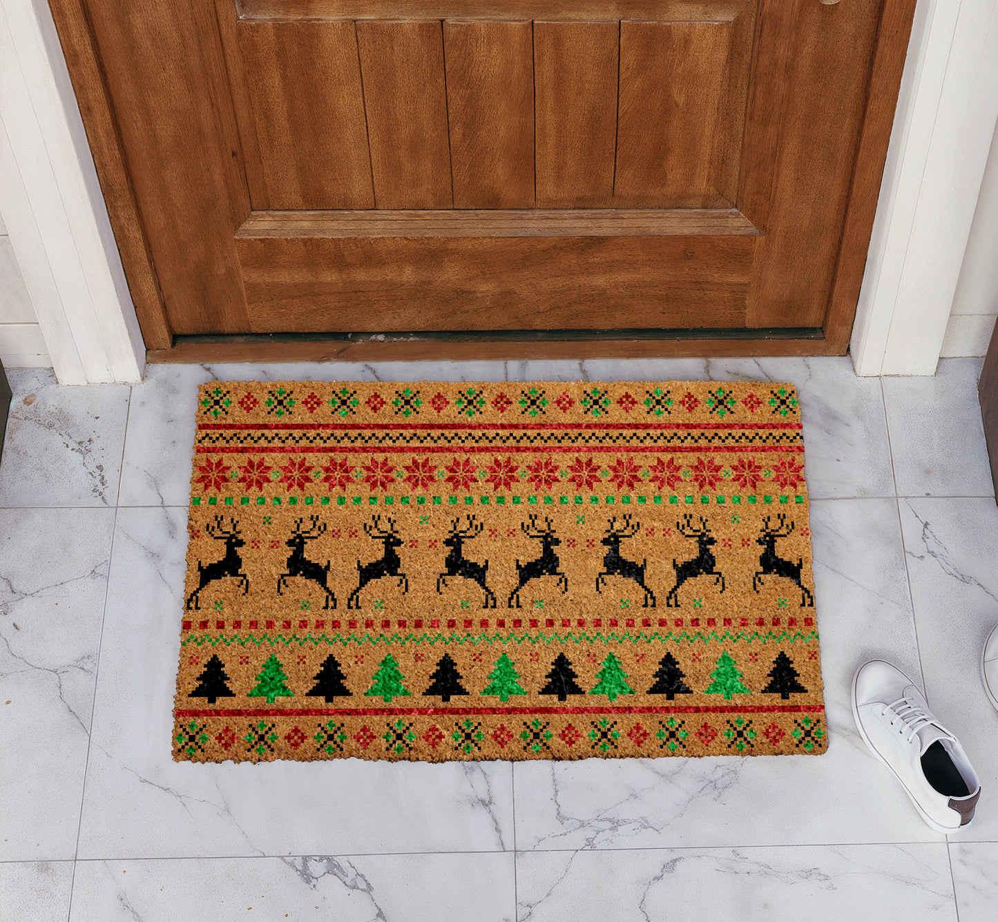 Fair Isle Christmas Doormat, Reindeer & Tree Holiday Welcome Mat