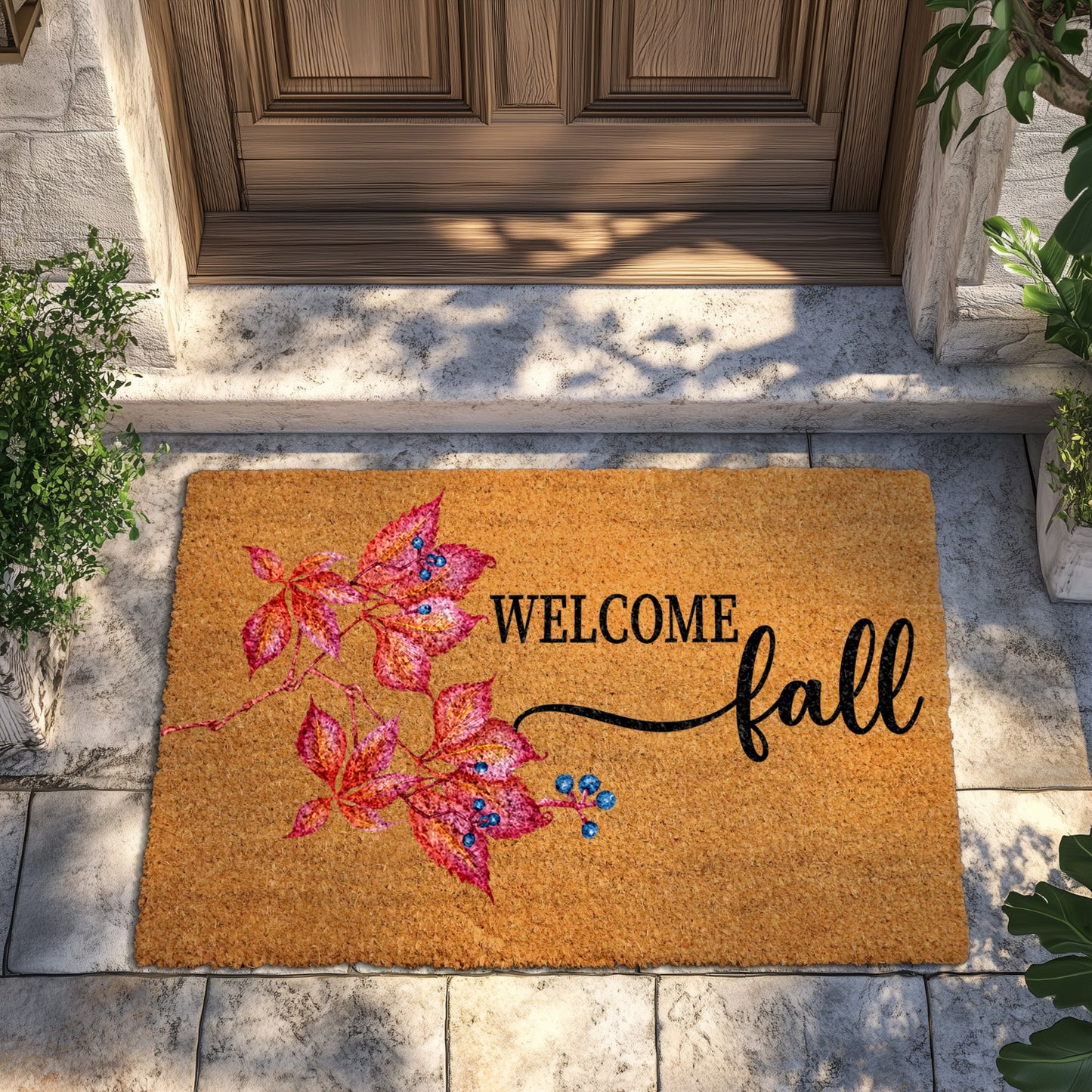 Fall Leaves & Berries Welcome Mat, Cozy Autumn Front Porch Rug