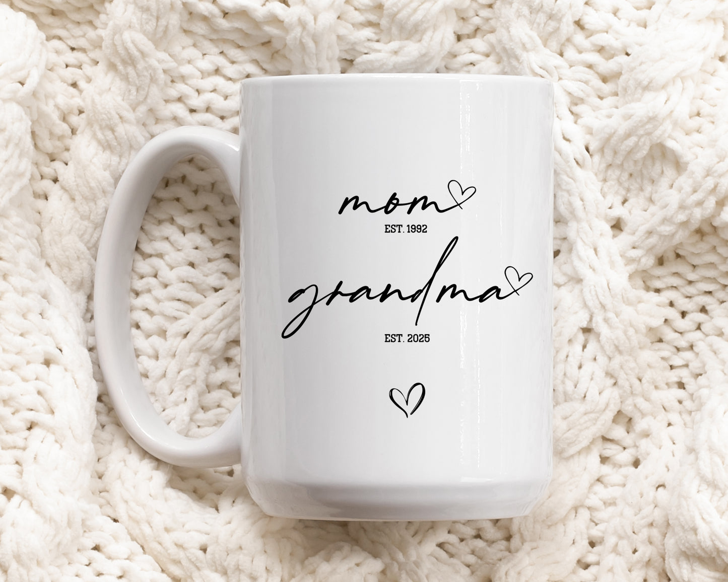 Personalized Grandma Established, Minimal Hearts Coffee Mug, Aesthetic Pregnancy Announcement