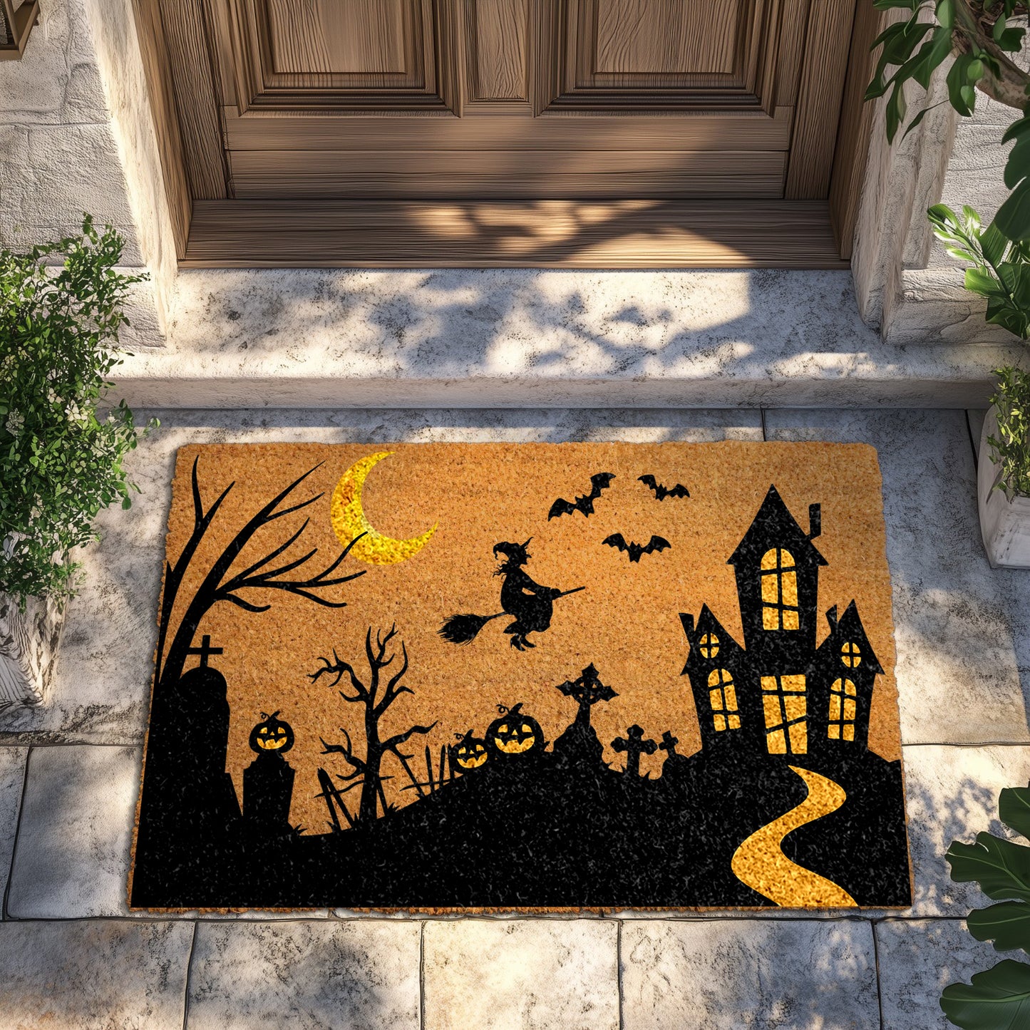 Spooky Witch Haunted House Doormat, Gothic Halloween Decor for Fall