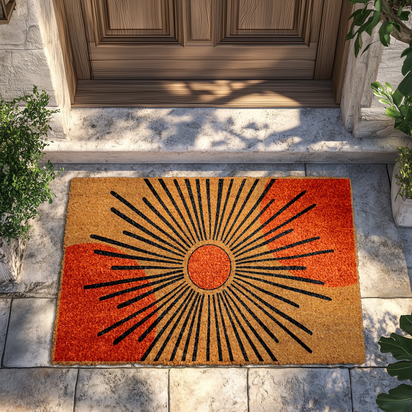 Boho Sunburst Doormat, Mid Century Style for Modern Home