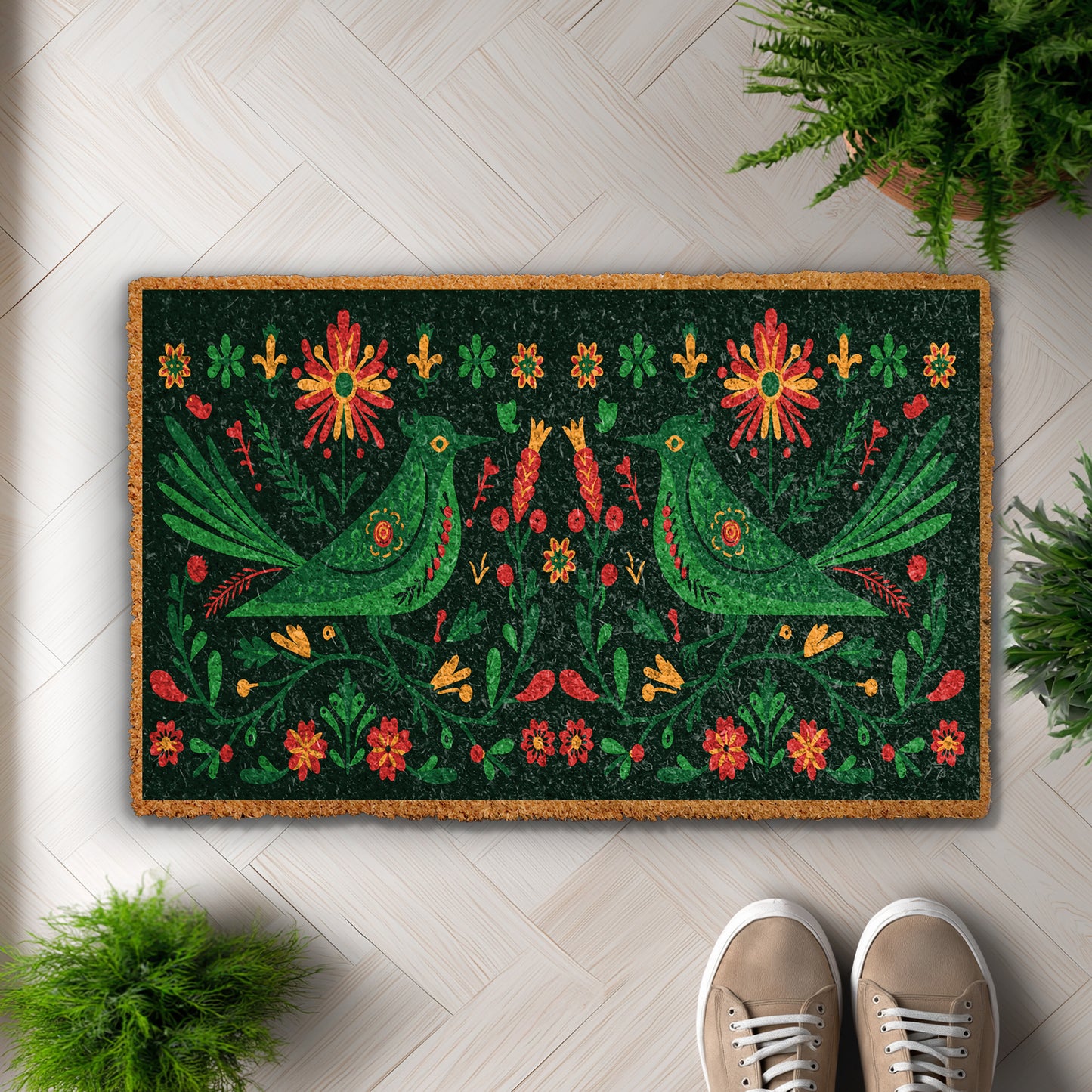 Nature-Inspired Birds and Flowers Coir Doormat, Perfect for Front Entry