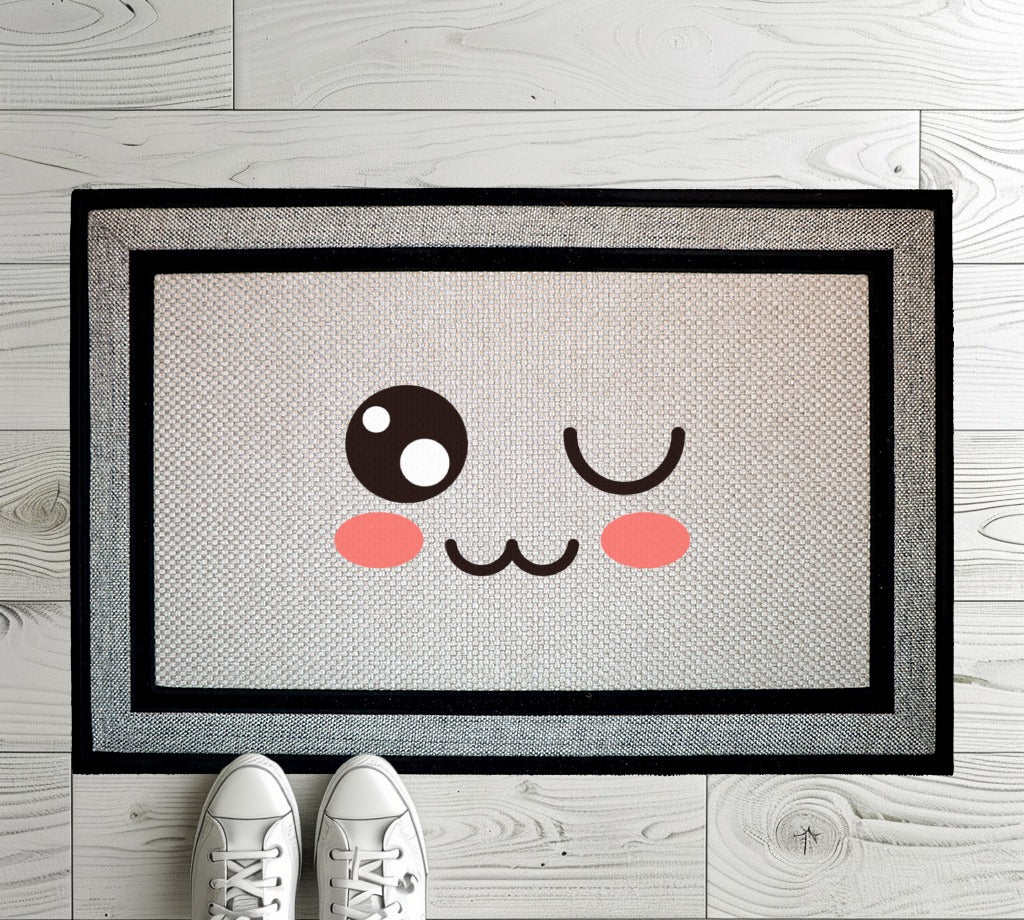 Playful Winking Emoji Doormat, Kawaii Welcome Mat for Front Porch