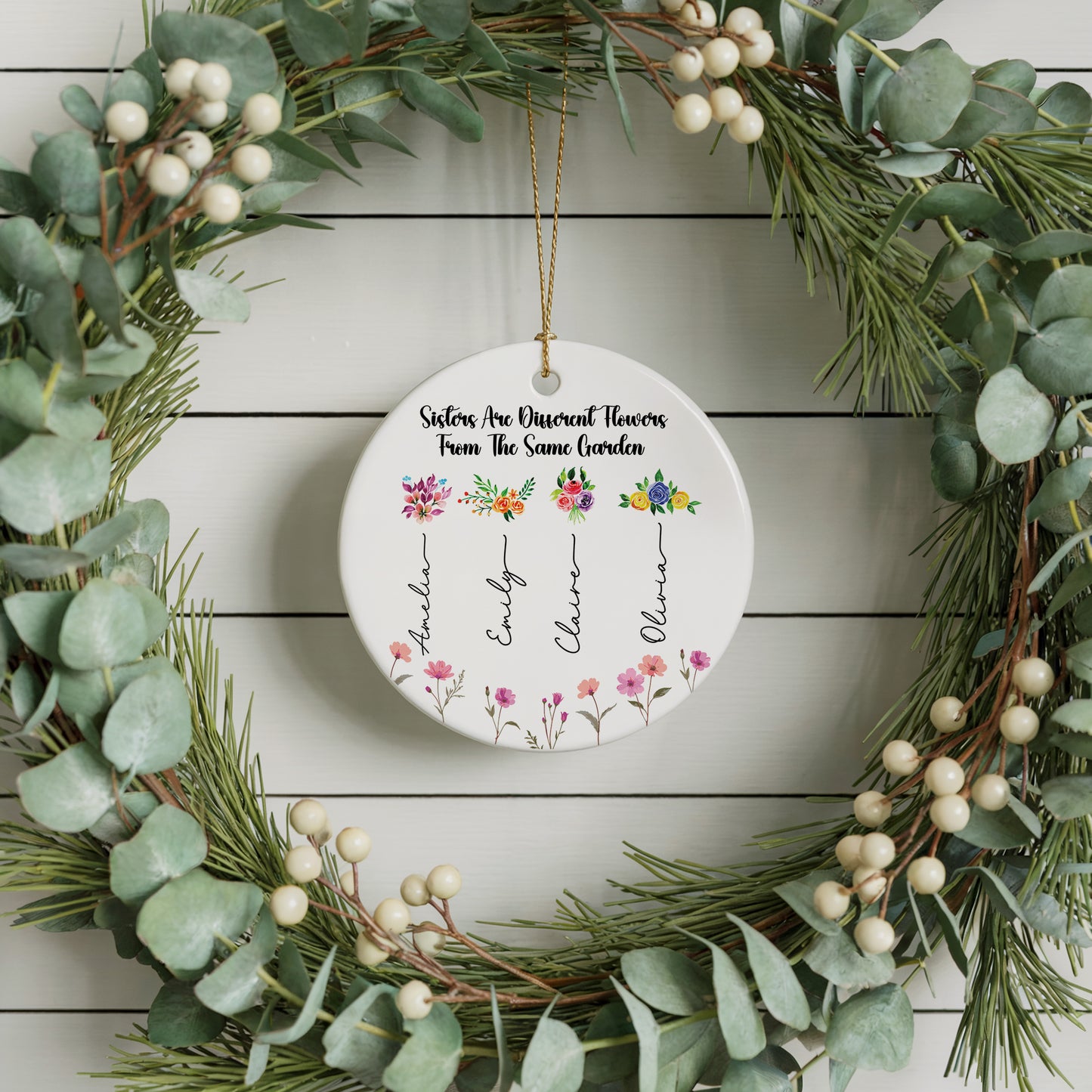 Personalize your space with Customizable Birth Flower Ceramic Ornament, Sisterhood Keepsake.